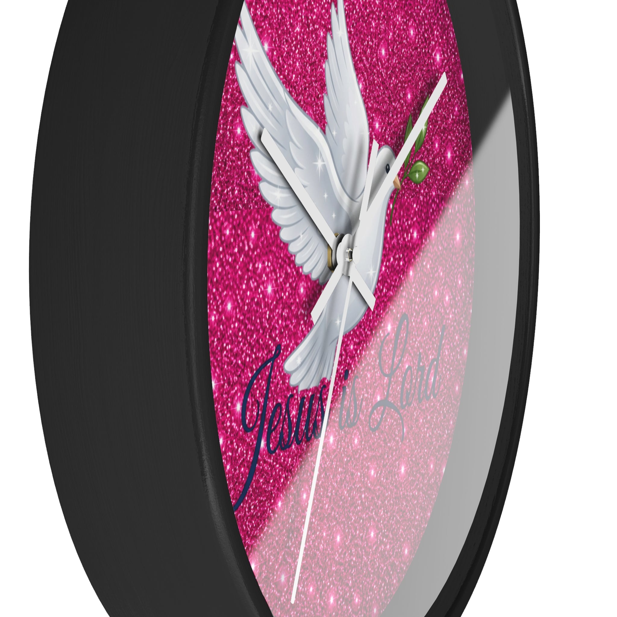 Jesus Is Lord Wall Clock | Pink Glitter Dove Christian Wall Decor | Silent Faith Clock
