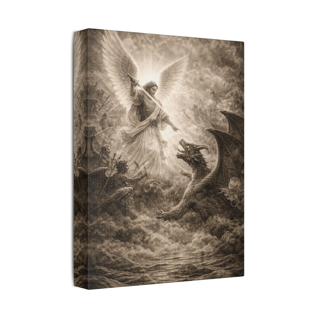 Michael the Archangel vs Dragon Canvas – Biblical Spiritual Warfare Wall Art