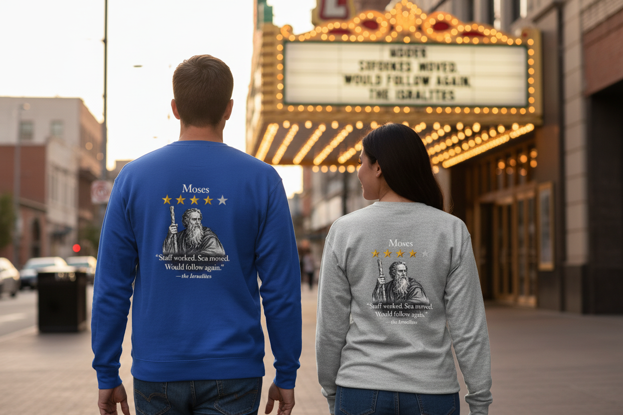 Moses Five-Star Faith Series – Raglan Sweatshirt | “Staff Worked. Sea Moved.” Faith Graphic