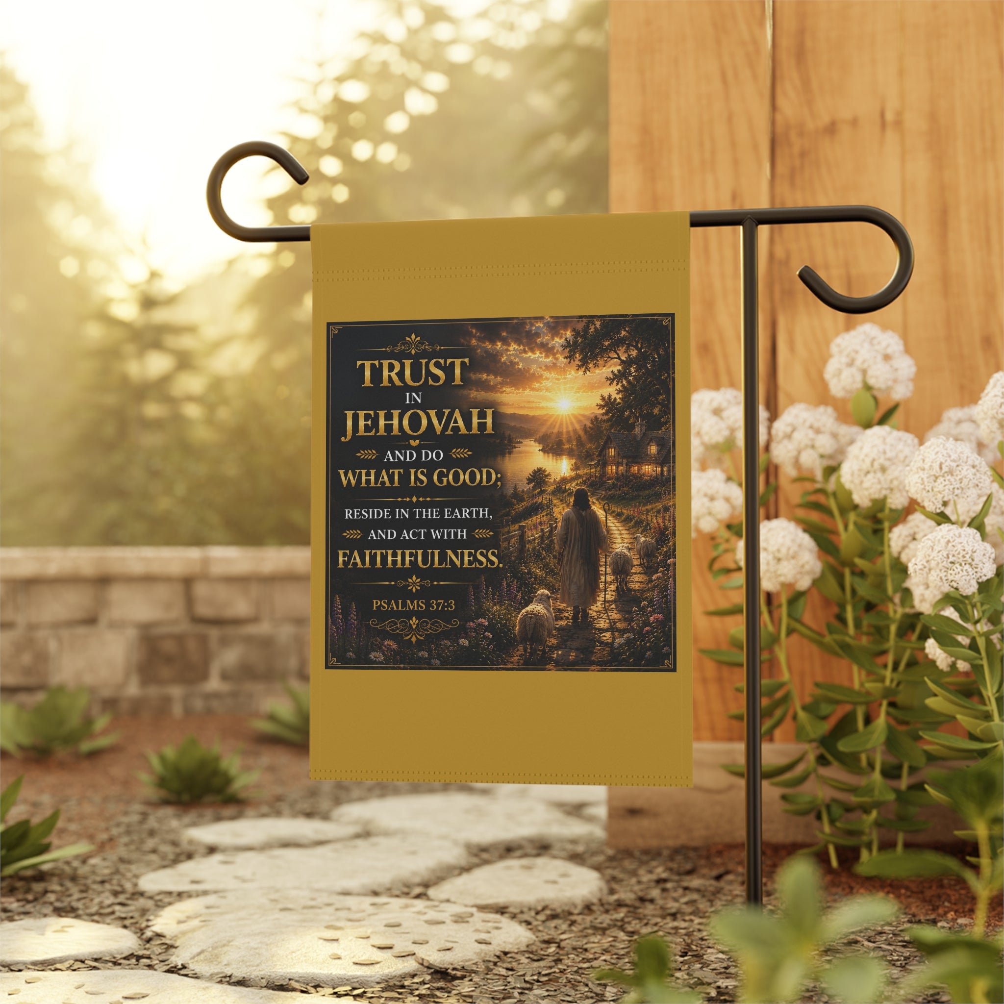 Inspirational Christian garden banner featuring a shepherd walking among hills at sunset with Psalm 37:3 inspired “Trust in Jehovah” scripture artwork.