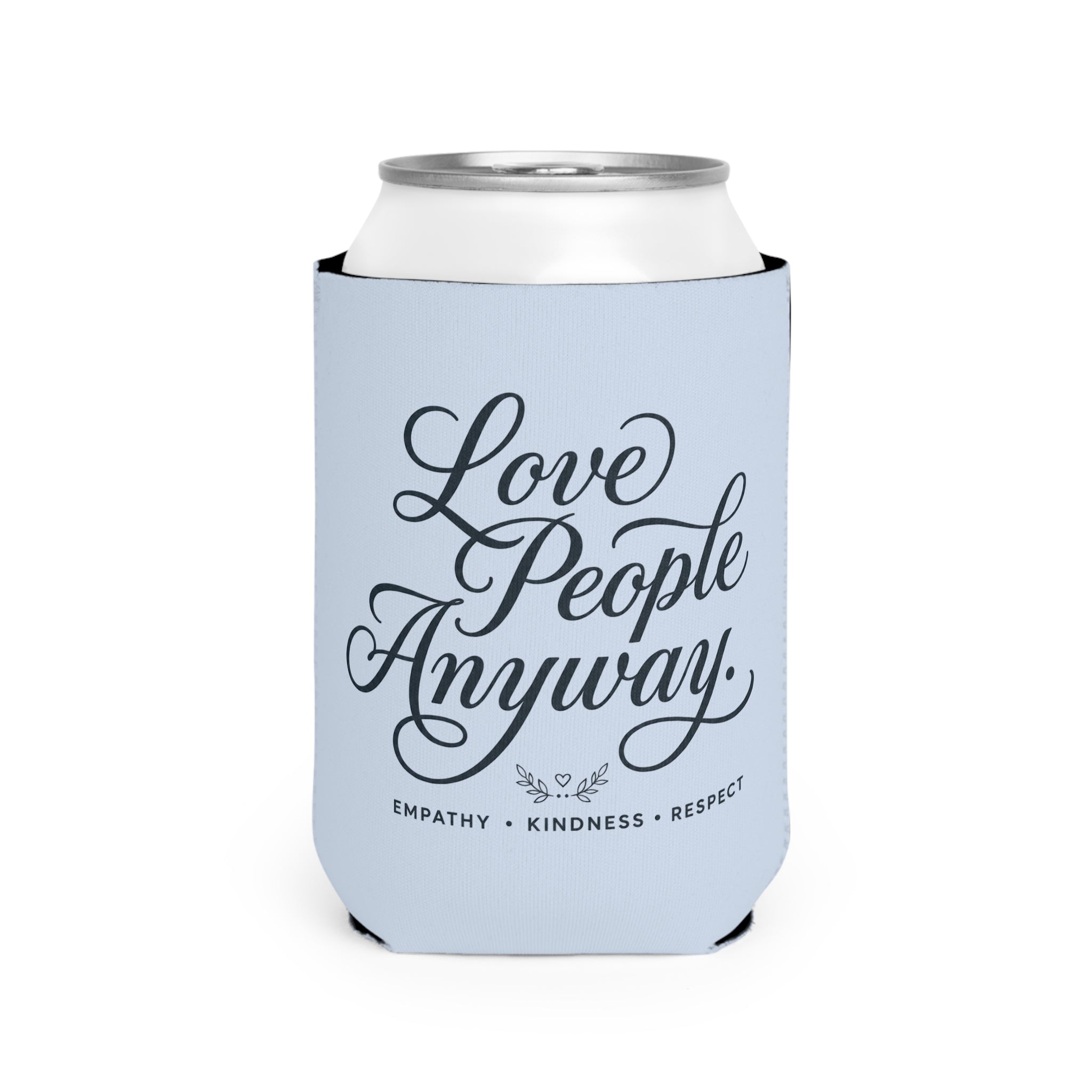 Sky-blue neoprene can cooler featuring elegant "Love People Anyway" script on one side and an LPA  monogram on the reverse, designed to fit standard 12 oz beverage cans.