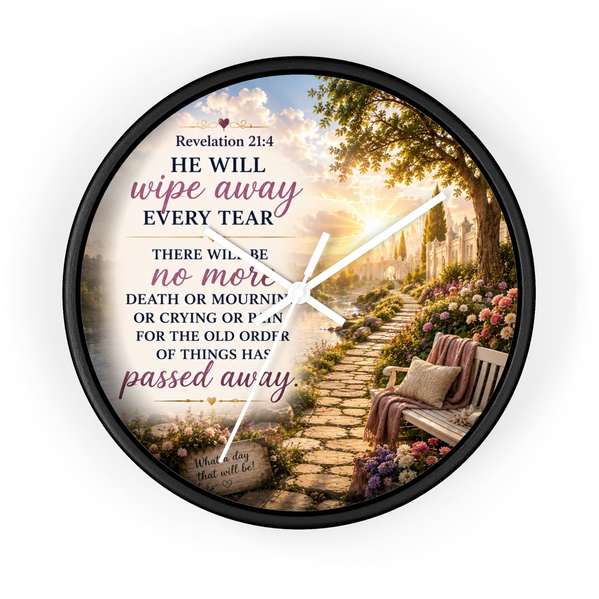 Revelation 21:4 Wall Clock | Christian Prayer Garden Decor | Inspirational Silent Wall Clock