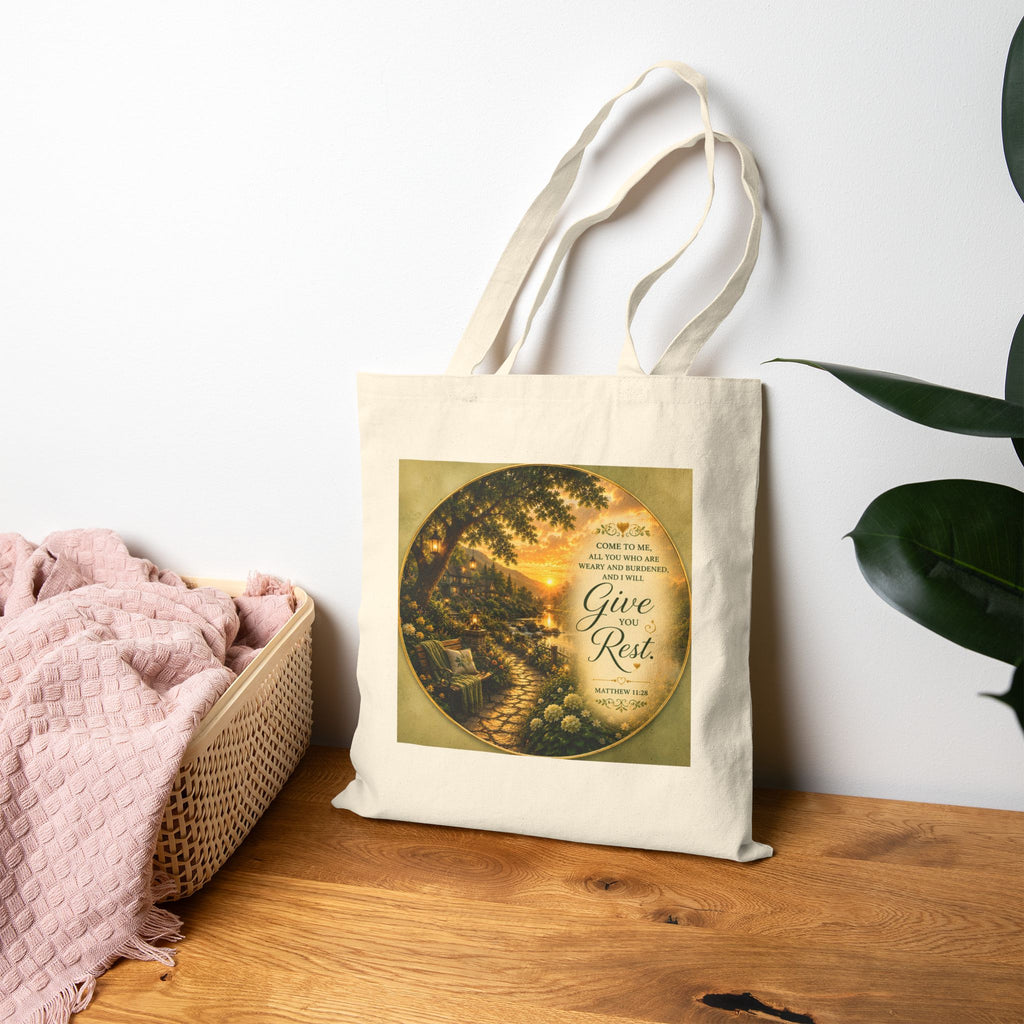 Christian cotton canvas tote bag featuring Matthew 11:28, “Come to Me, all you who are weary and burdened, and I will give you rest,” with peaceful garden pathway, glowing lanterns, riverside cottages, blooming flowers, and sunset artwork.