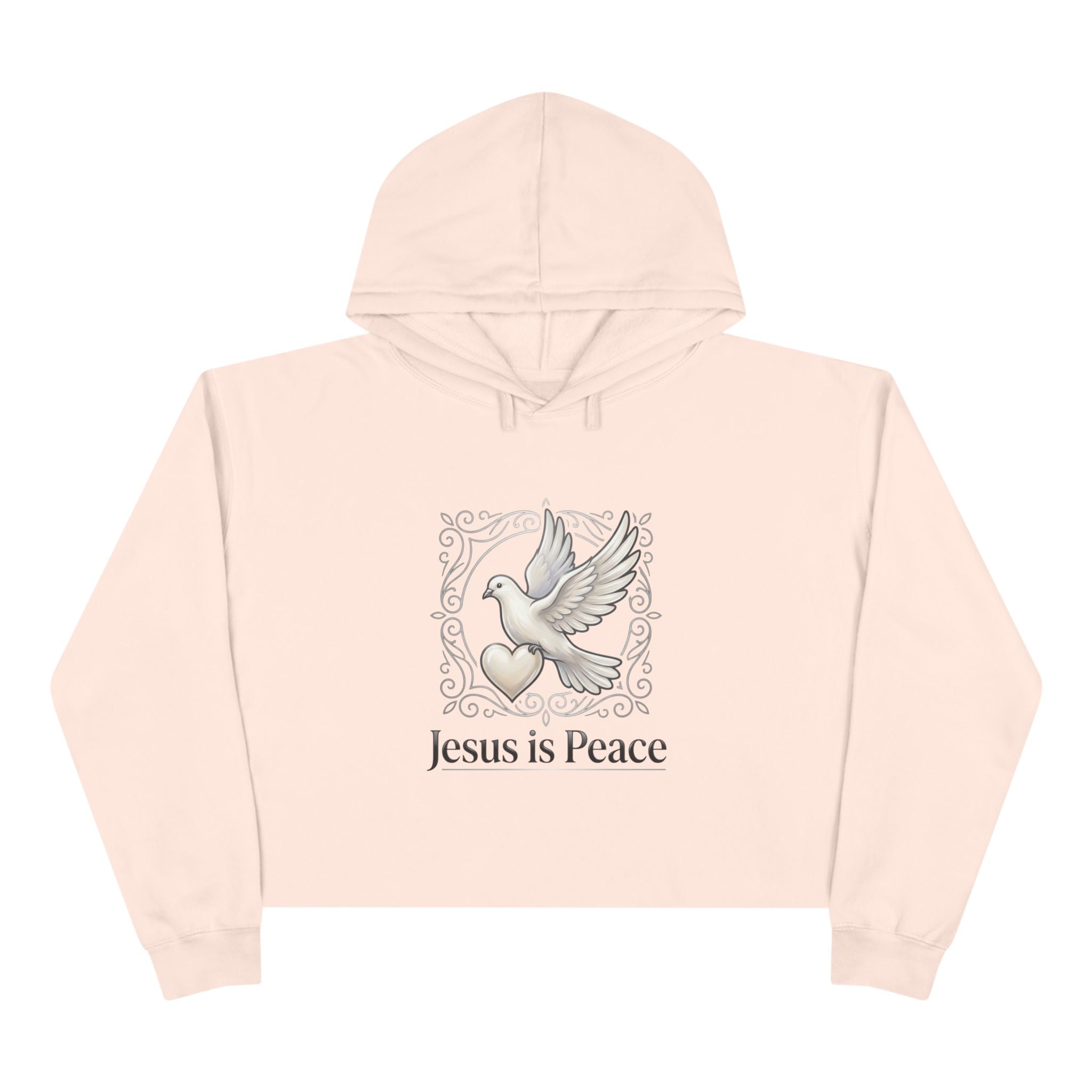Light pink hoodie with 'Jesus is Peace' design featuring a dove and heart on a white background