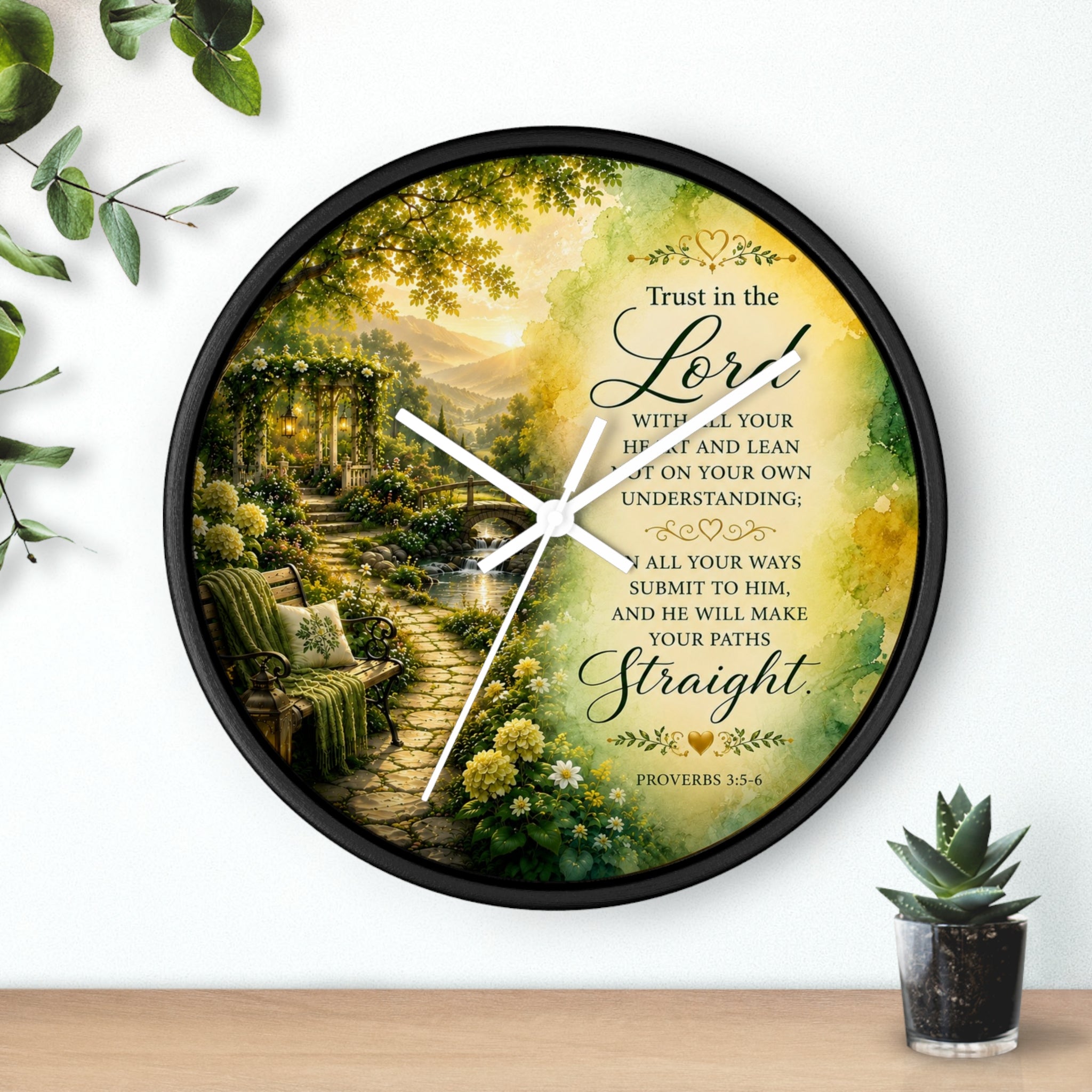 Inspirational Christian wall clock featuring a peaceful garden pathway at sunrise with Proverbs 3:5-6 scripture about trusting in the Lord.