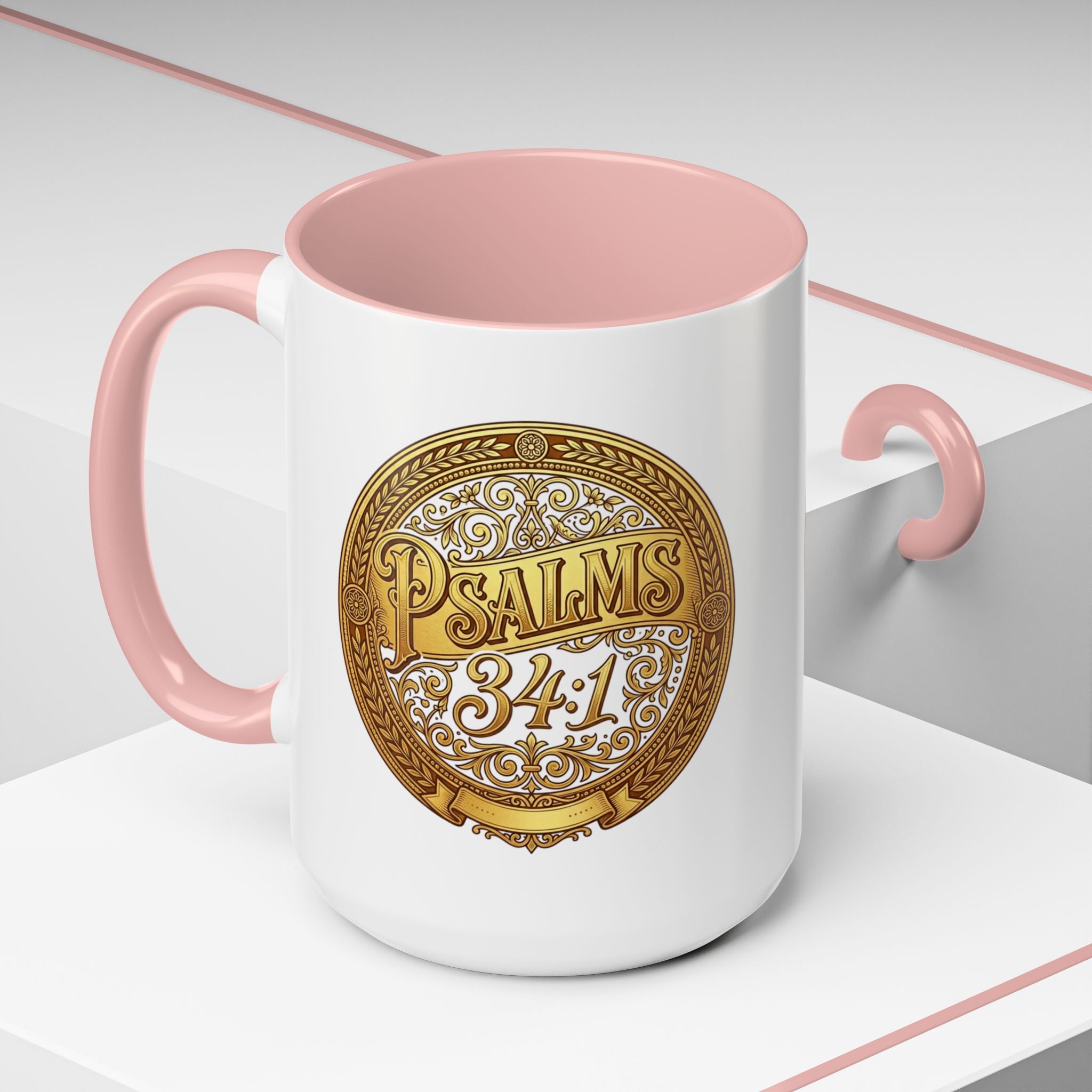 Inspirational Christian ceramic accent coffee mug featuring Psalm 34:1 in an ornate gold medallion design with colorful handle and interior accents.