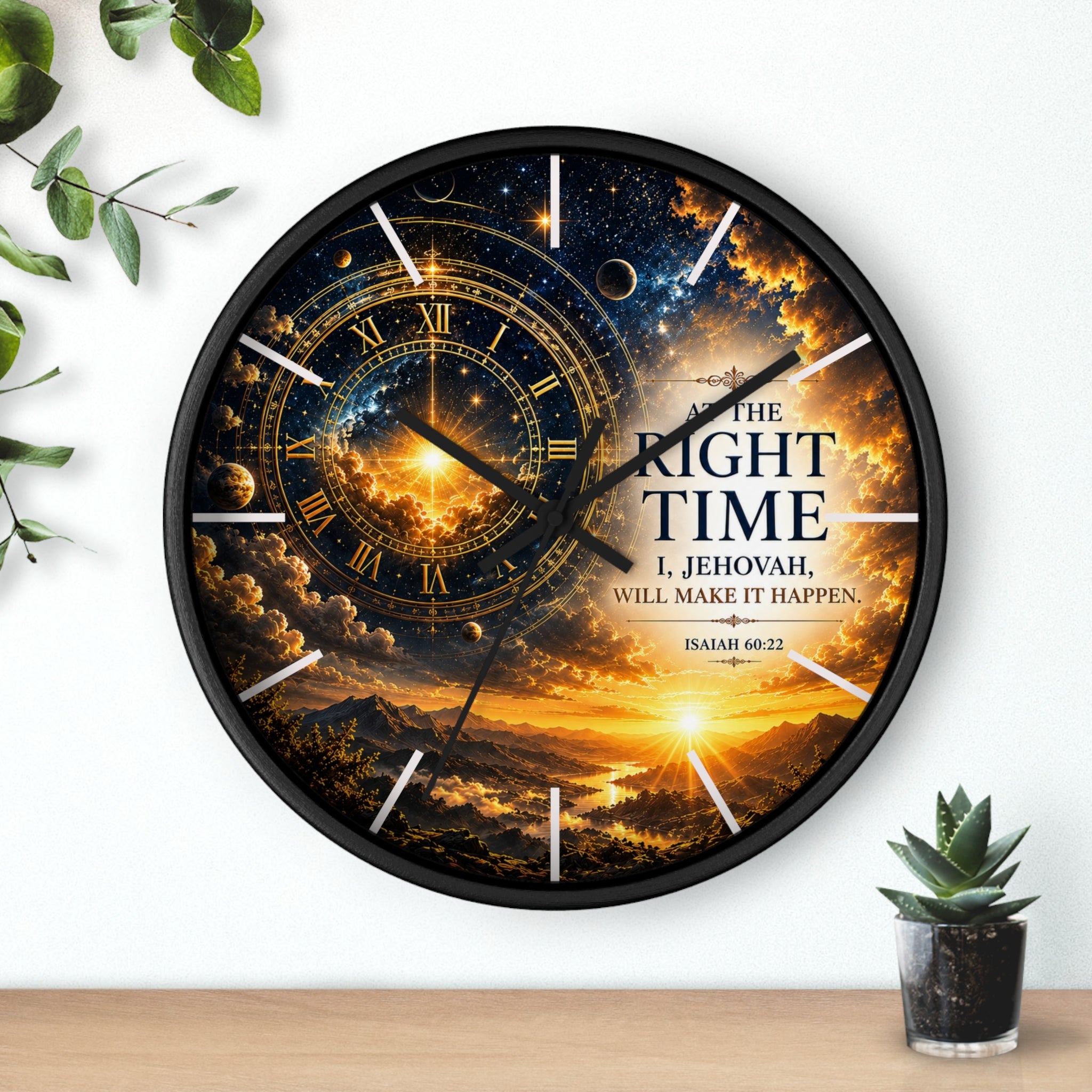 Inspirational Christian wall clock featuring celestial skies, glowing golden gears, and Isaiah 60:22 scripture with the phrase “The Right Time: I, Jehovah, Will Make It Happen.”
