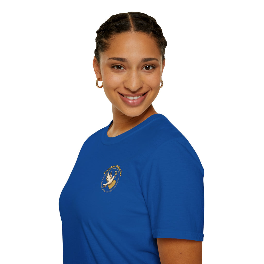 Minimalist Christian T-shirt featuring a Dove of Peace chest emblem with the words “Pray, Love, Remember” on a soft lightweight faith-inspired tee.