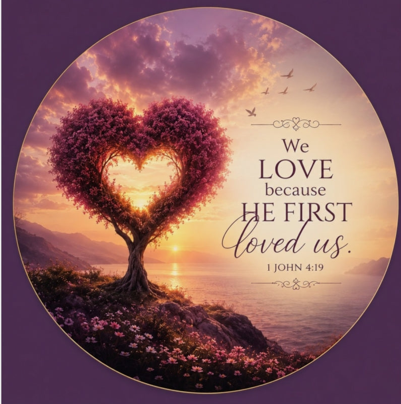 Die-cut Christian magnet featuring a heart-shaped tree at sunset with the scripture “We Love Because He First Loved Us” from 1 John 4:19 in purple, pink, and gold tones overlooking a peaceful shoreline.