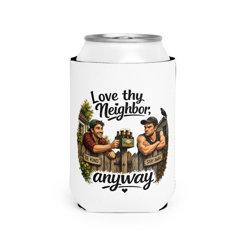 Black neoprene can cooler featuring a humorous "Love Thy Neighbor Anyway" illustration of two neighbors standing on opposite sides of a fence with colorful artwork.