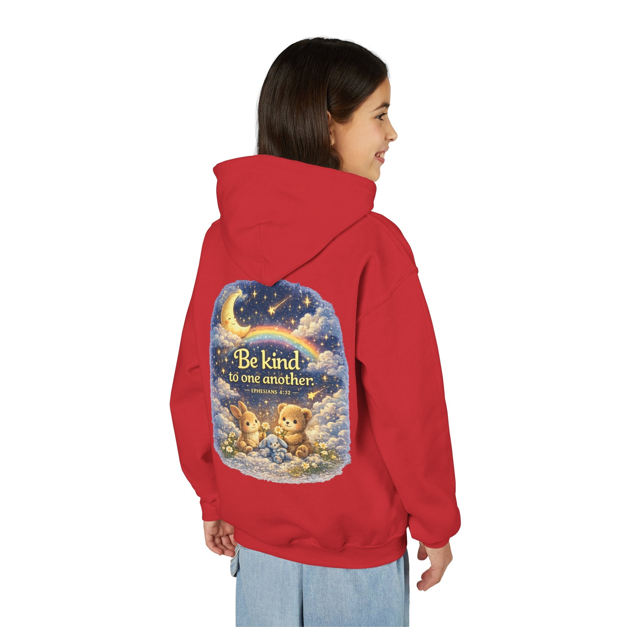 Youth “Be Kind to One Another” Hoodie – Cute Bunny Night Sky Scripture Sweatshirt