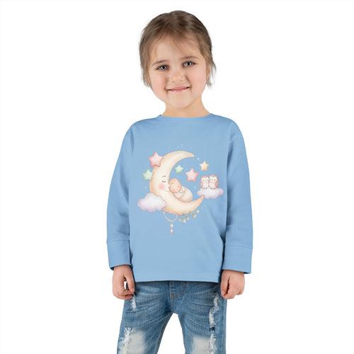 Baby Moon & Owl Toddler Long Sleeve Tee – Pastel Sleepy Moon Nursery Shirt | Cozy Toddler Pajama Style Tee