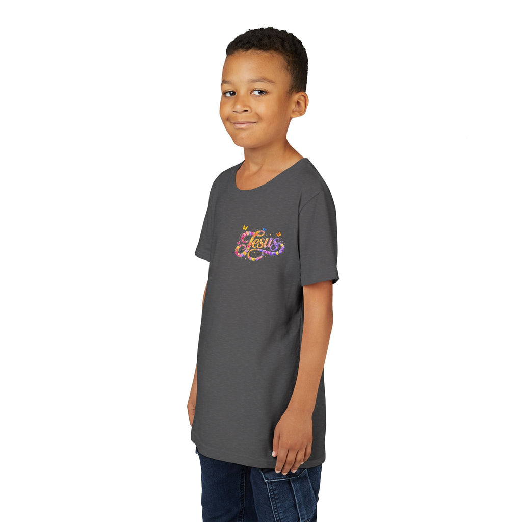 Youth Jesus Floral Script T-Shirt – Butterfly Christian Kids Tee | Faith Youth Shirt