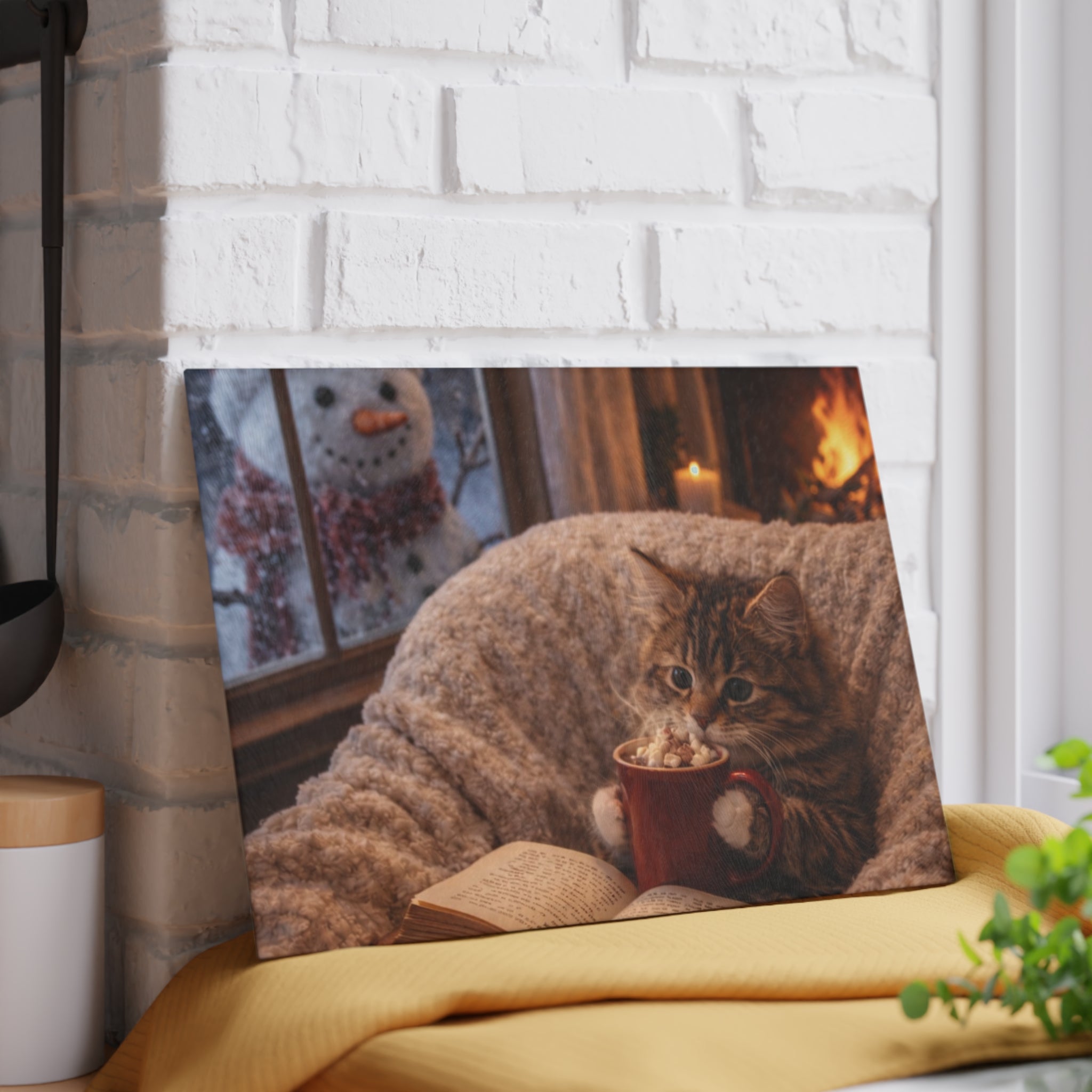 Cozy Winter Cat Glass Cutting Board – Hot Cocoa Kitchen Decor | Cute Cat Kitchen Board