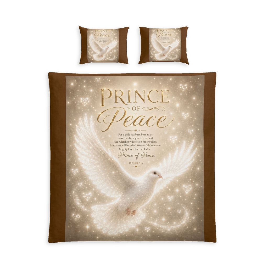 Gray cotton bedding set featuring a radiant white dove surrounded by light with the words "Prince of Peace" on a Christian duvet cover and matching pillow shams.