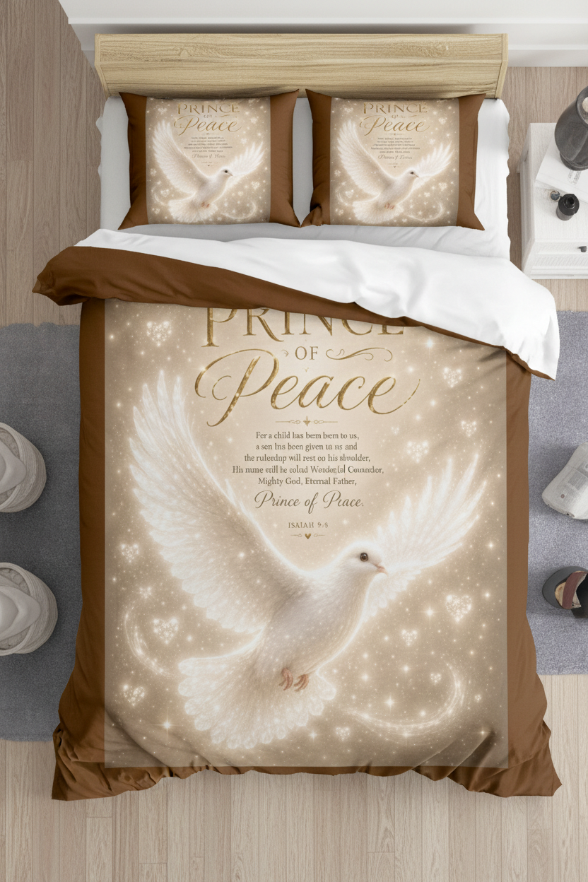 Gray cotton bedding set featuring a radiant white dove surrounded by light with the words "Prince of Peace" on a Christian duvet cover and matching pillow shams.
