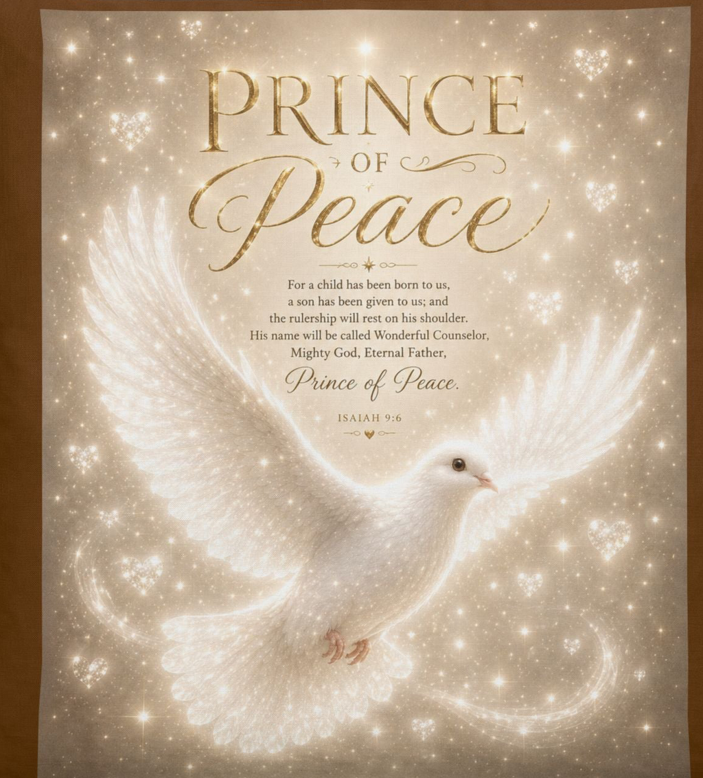 Gray cotton bedding set featuring a radiant white dove surrounded by light with the words "Prince of Peace" on a Christian duvet cover and matching pillow shams.