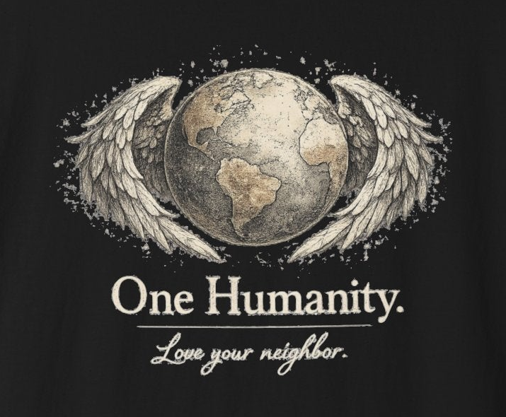 One Humanity T-Shirt – “One Humanity. Love Your Neighbor.” Earth Wings Graphic Tee