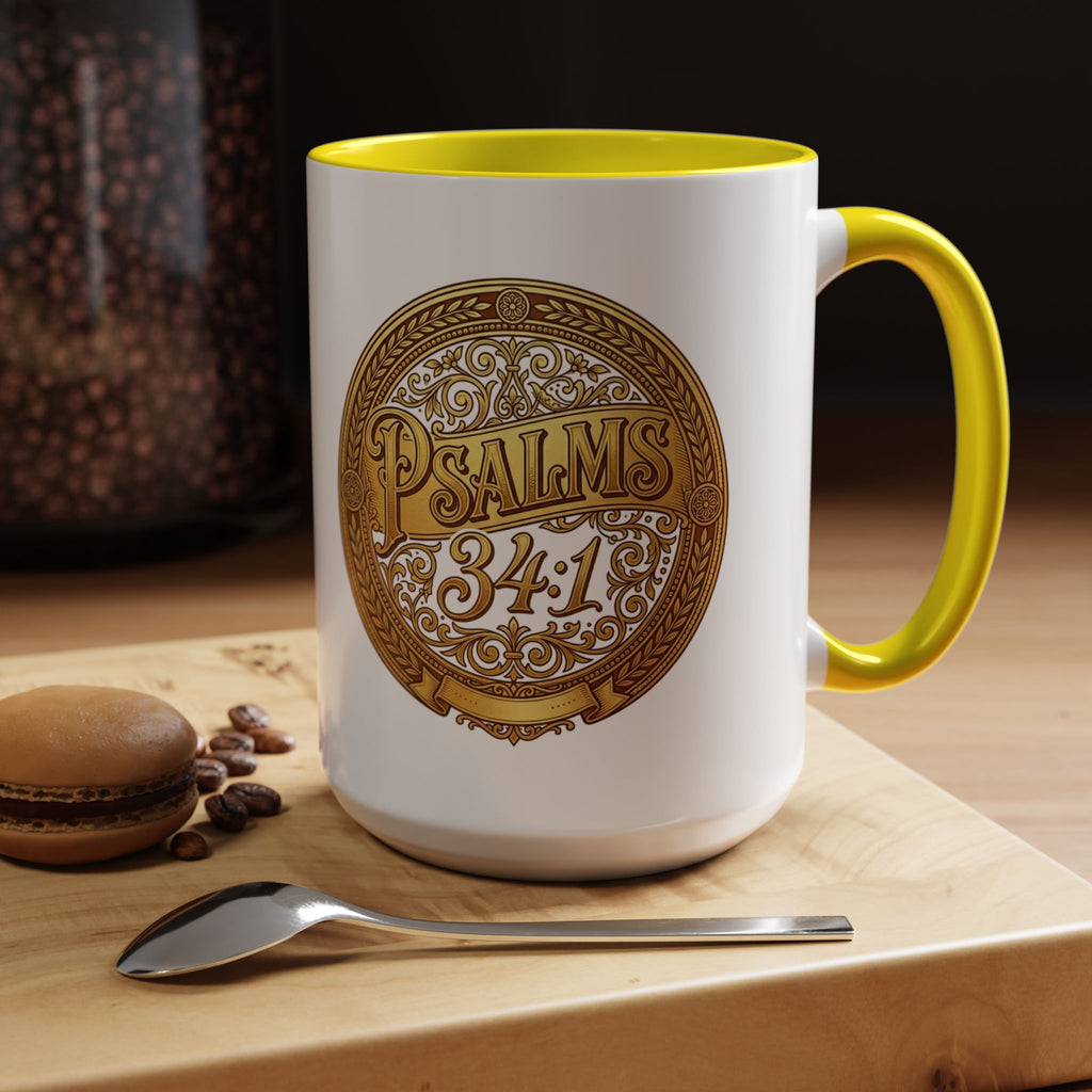 Inspirational Christian ceramic accent coffee mug featuring Psalm 34:1 in an ornate gold medallion design with colorful handle and interior accents.