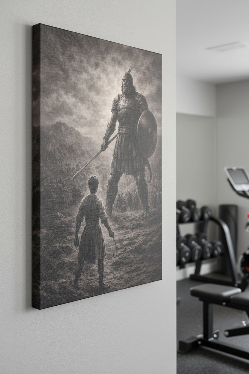 David vs Goliath Canvas — Monochrome Biblical Battle Wall Art
