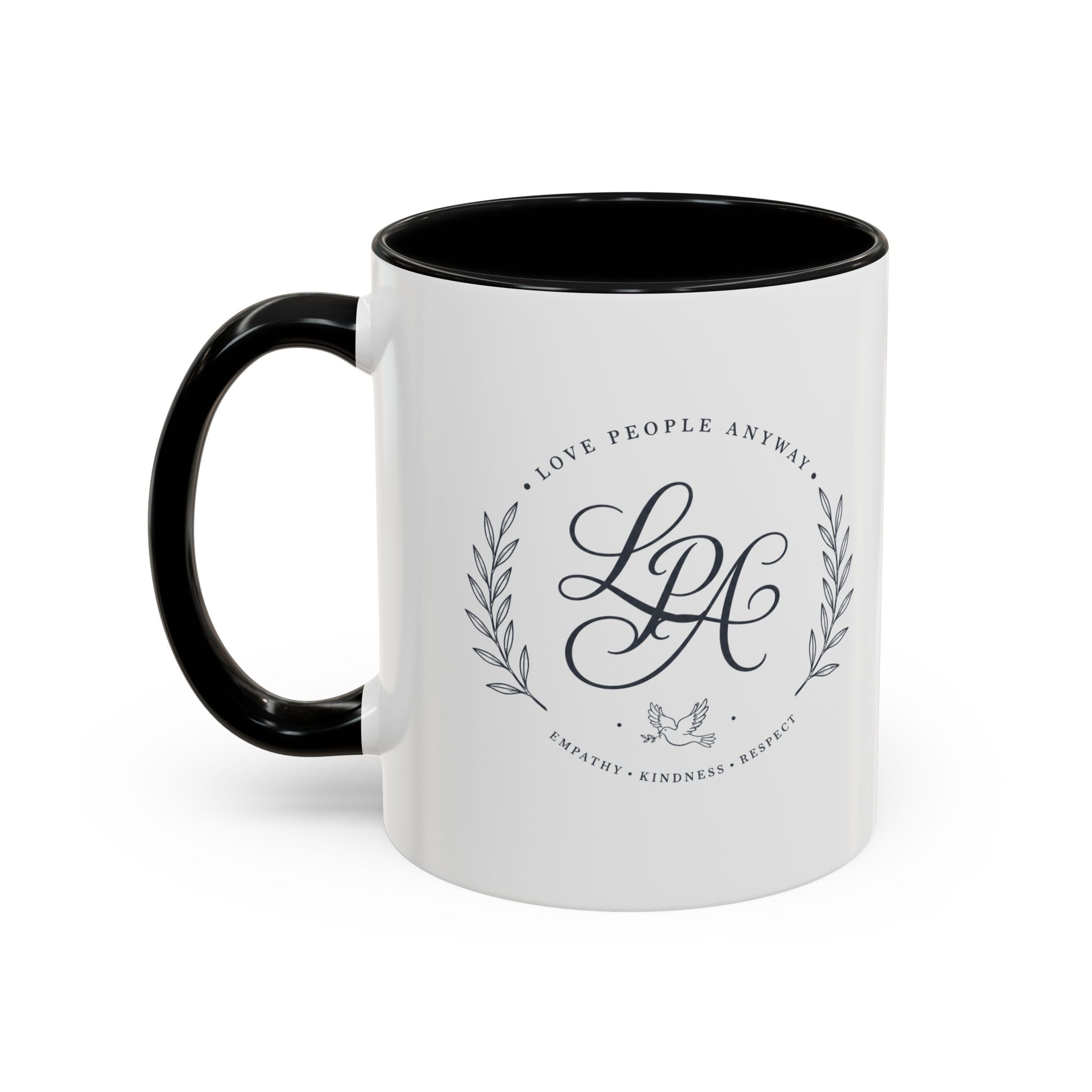 Love People Anyway Monogram Coffee Mug | Personalized Initial Crest Mug | Inspirational Gift
