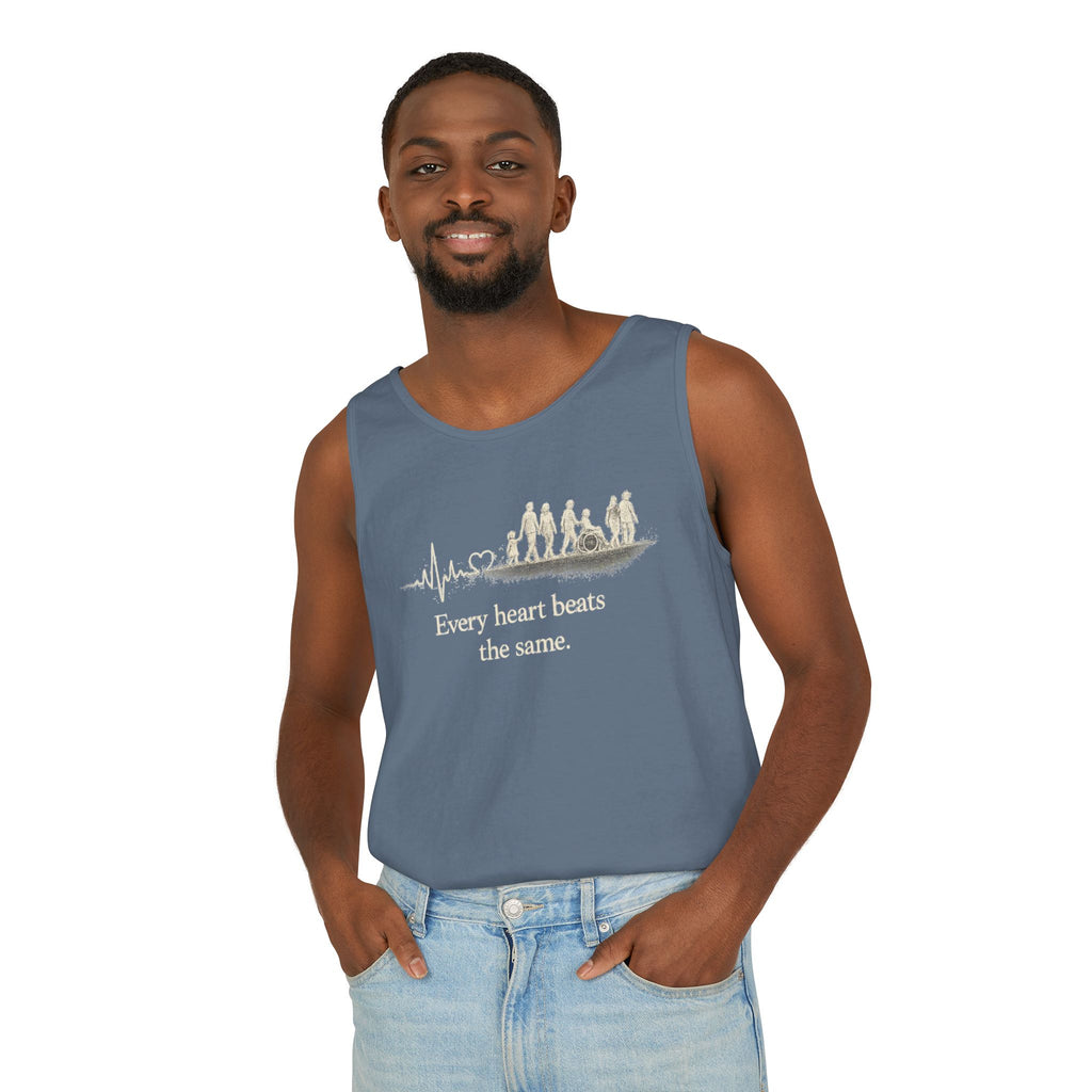 “Every Heart Beats the Same” Vintage Surf Tank Top – Garment-Dyed Coastal Unity Tank
