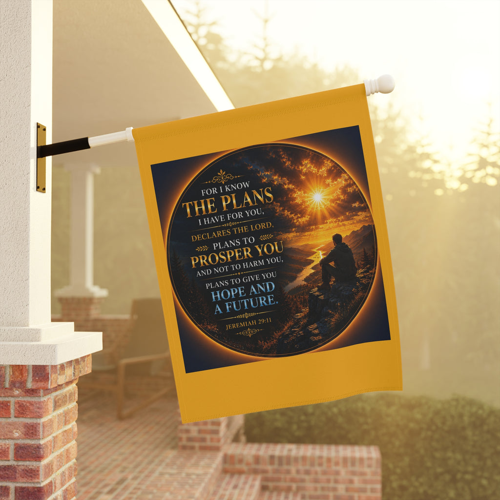 Inspirational Christian garden flag featuring a sunrise shoreline scene with the scripture “For I Know The Plans” in warm peaceful coastal-inspired artwork.