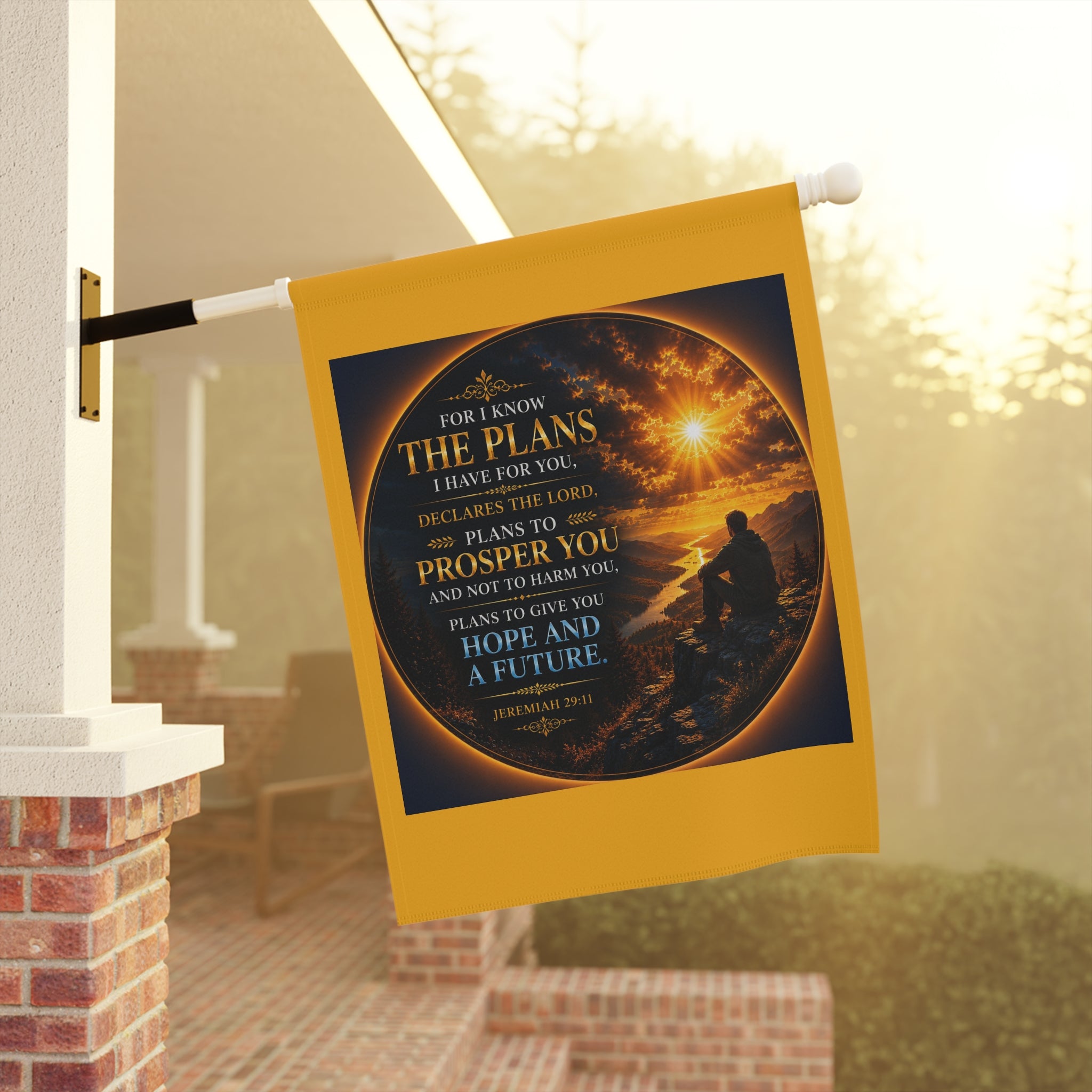 Inspirational Christian garden flag featuring a sunrise shoreline scene with the scripture “For I Know The Plans” in warm peaceful coastal-inspired artwork.