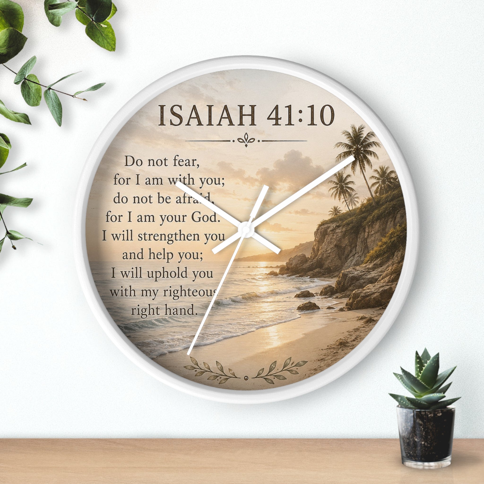 Inspirational Christian wall clock featuring Isaiah 41:10 scripture with faith-centered artwork and silent movement for peaceful home décor.