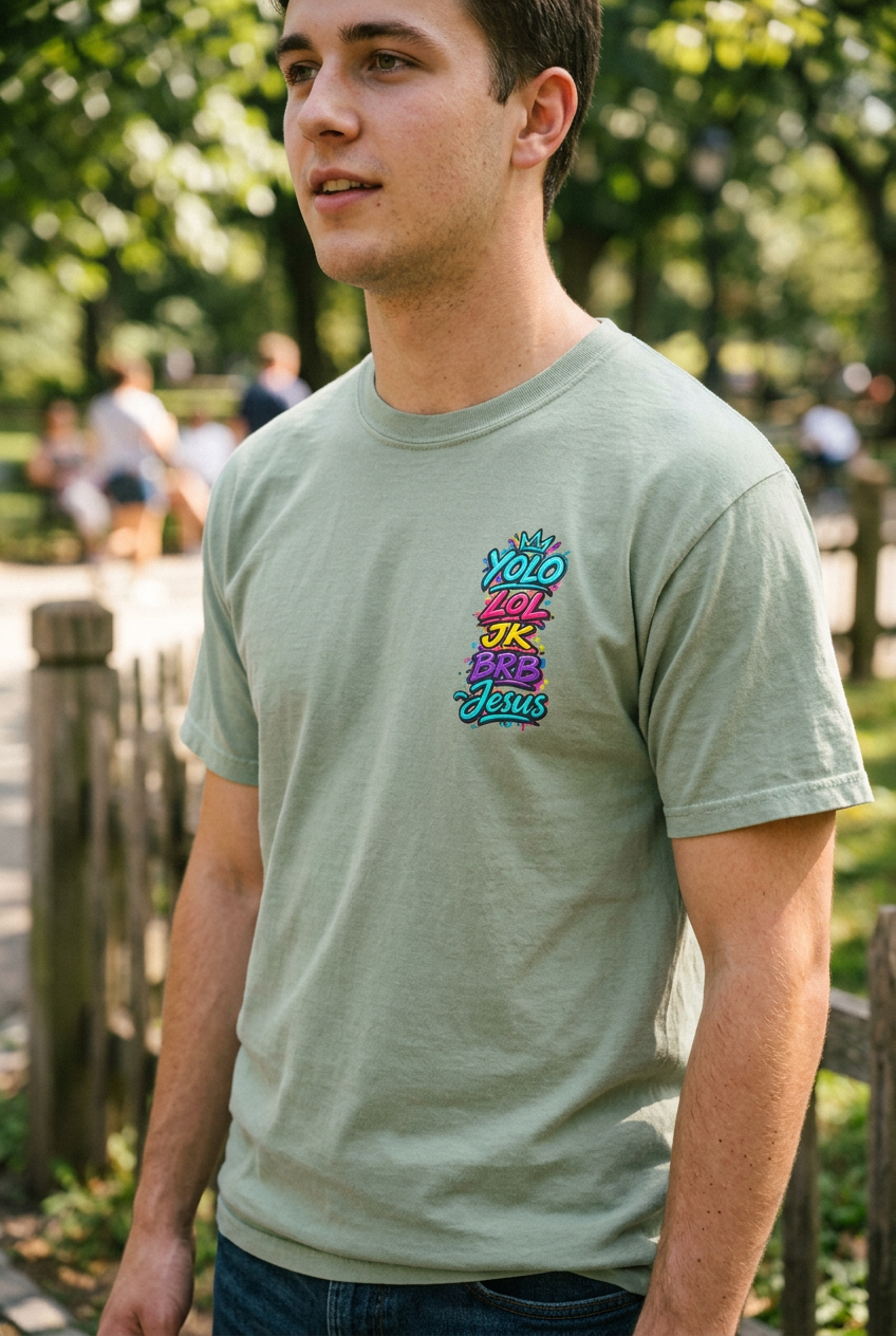 YOLO LOL JK BRB Jesus T-Shirt | Neon Christian Graffiti Comfort Colors Tee| Unisex
