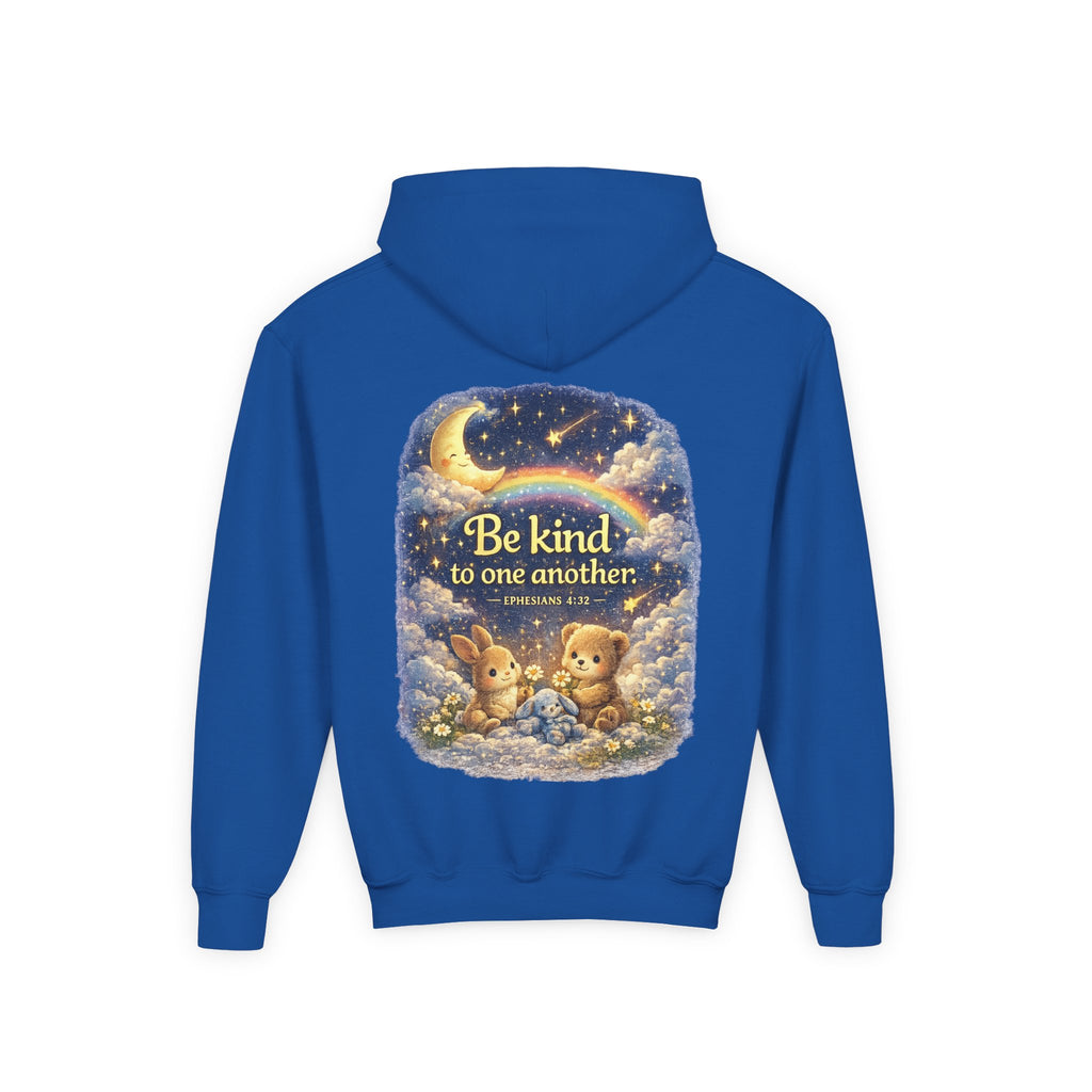 Youth “Be Kind to One Another” Hoodie – Cute Bunny Night Sky Scripture Sweatshirt