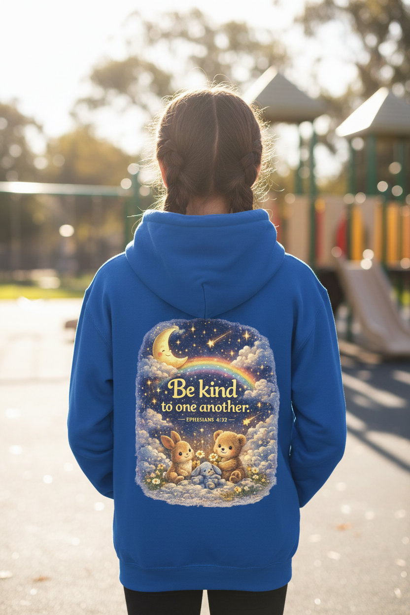 Youth “Be Kind to One Another” Hoodie – Cute Bunny Night Sky Scripture Sweatshirt
