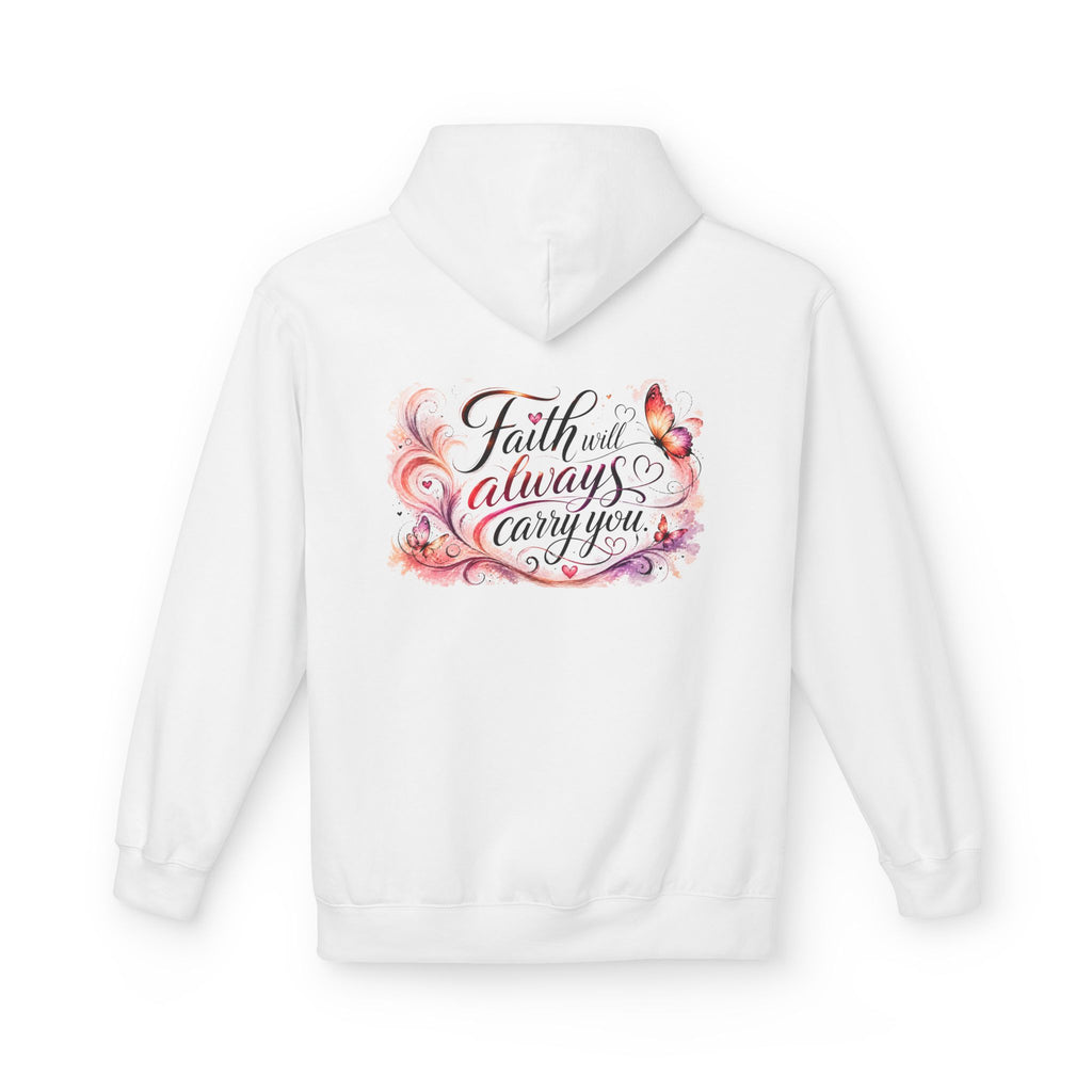 A white pullover hoodie shown from the back, featuring a colorful graphic print with the phrase 'Faith will always carry you' in black script, surrounded by pink and purple floral swirls and a butterfly.