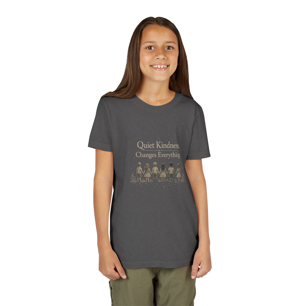 Youth “Quiet Kindness Changes Everything” Tee – Kids Inspirational T-Shirt with Earth & Friends Graphic
