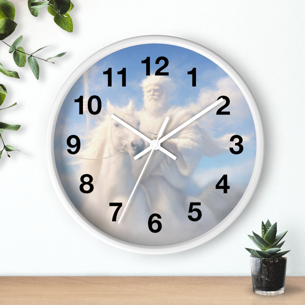 Inspirational Christian wall clock featuring Jesus riding through glowing clouds with classical devotional sky artwork and warm heavenly tones.
