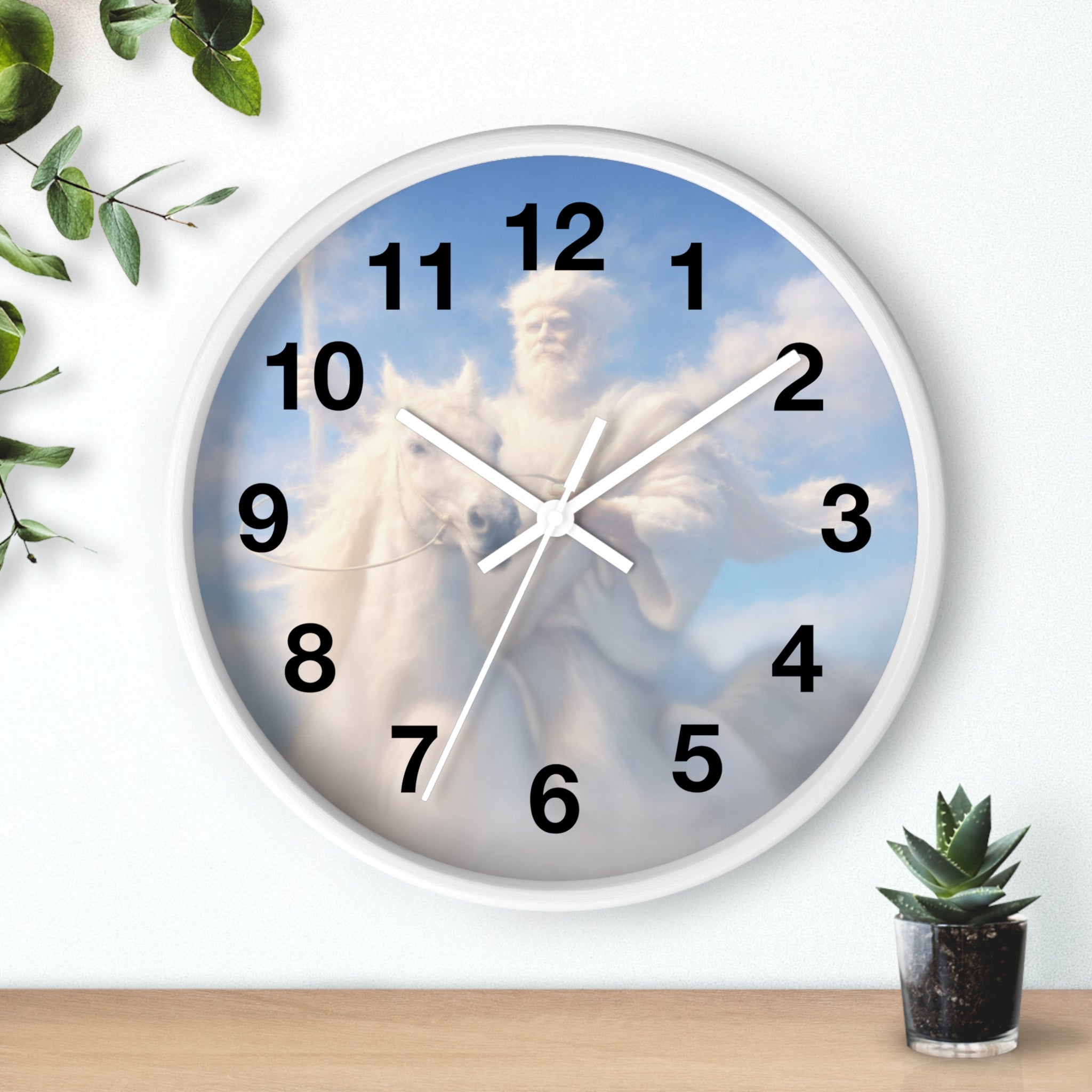 Inspirational Christian wall clock featuring Jesus riding through glowing clouds with classical devotional sky artwork and warm heavenly tones.