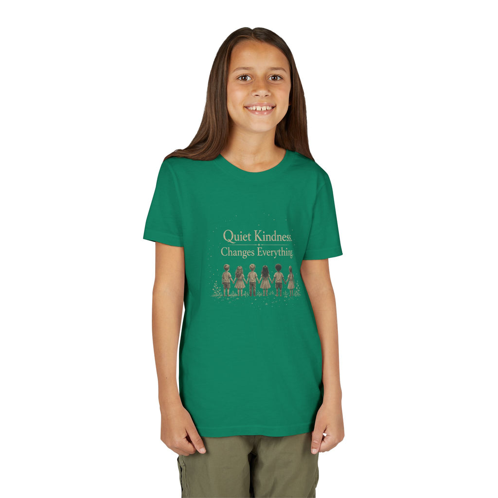 Youth “Quiet Kindness Changes Everything” Tee – Kids Inspirational T-Shirt with Earth & Friends Graphic