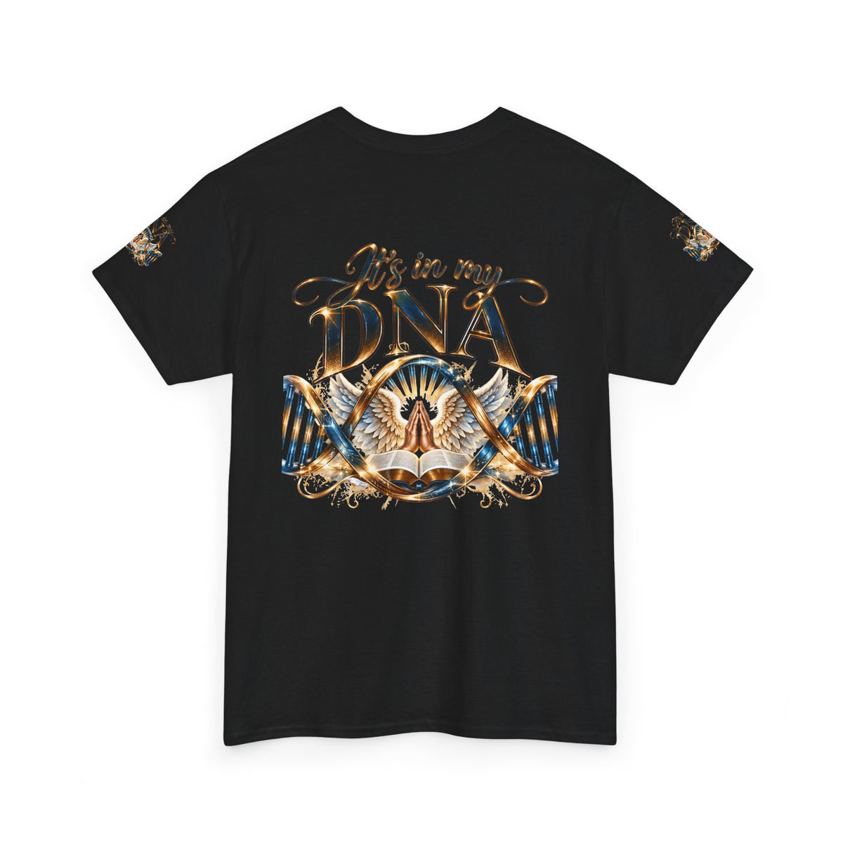 A black short-sleeve t-shirt with a large graphic print on the front reading 'It's in my DNA' in metallic gold lettering, featuring a winged figure and blue-and-gold DNA double helix motifs. Smaller matching gold and blue graphics are printed on both sleeves, shown against a plain white background.