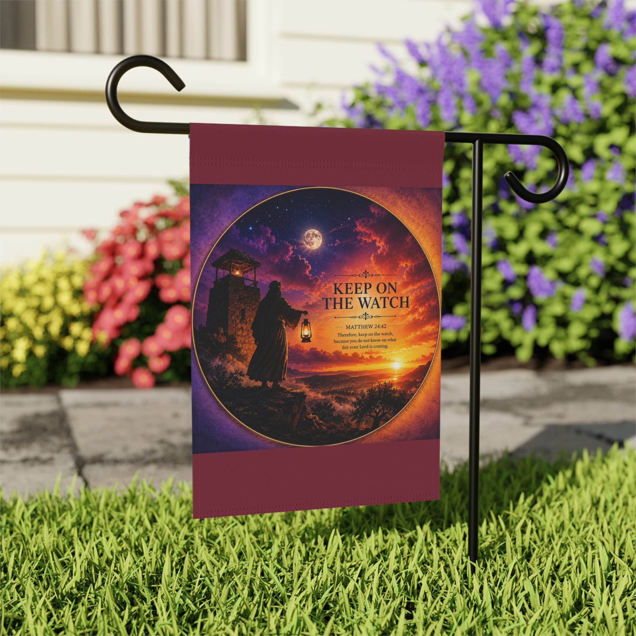 Inspirational Christian garden flag featuring a lantern-bearing watchman, lighthouse, glowing moon, and dramatic coastal sunset with the phrase “Keep On The Watch.”