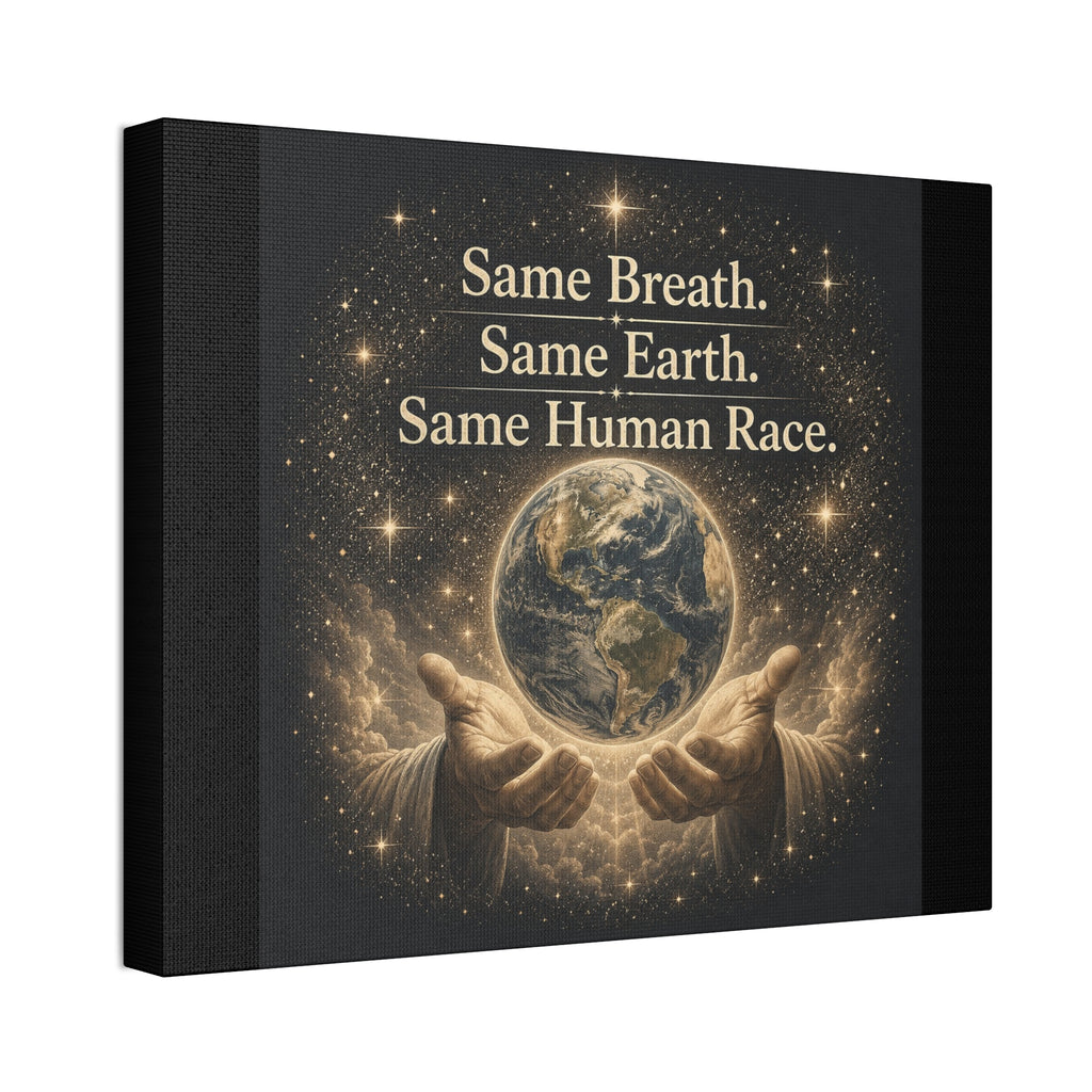 Inspirational canvas wall art featuring the earth held in gentle hands surrounded by glowing stars with the quote “Same Breath. Same Earth. Same Human Race.” in warm golden tones.