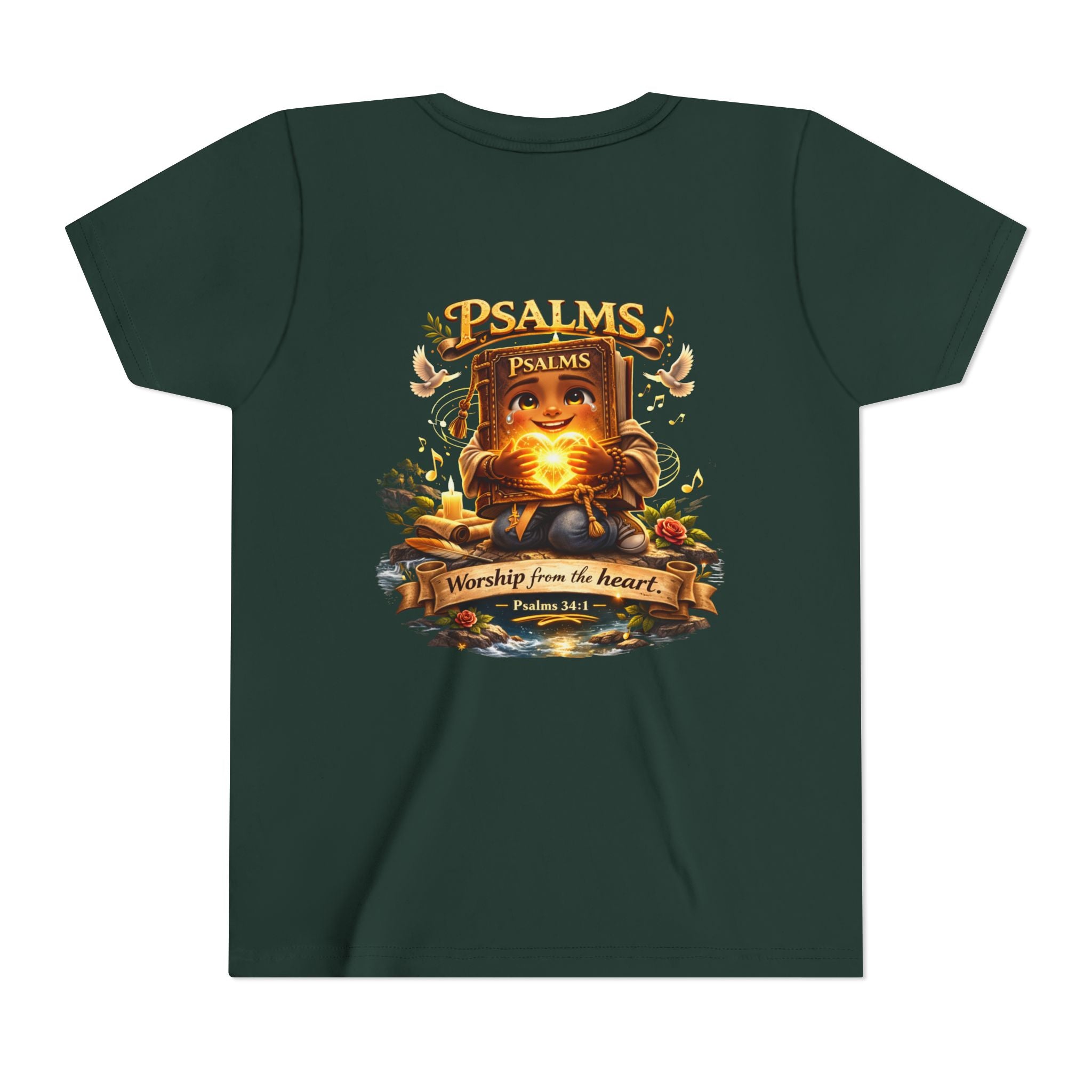 Youth Christian t-shirt featuring the phrase “Praise Him Psalms 34:1” on a soft lightweight tee designed for faith-inspired everyday wear.