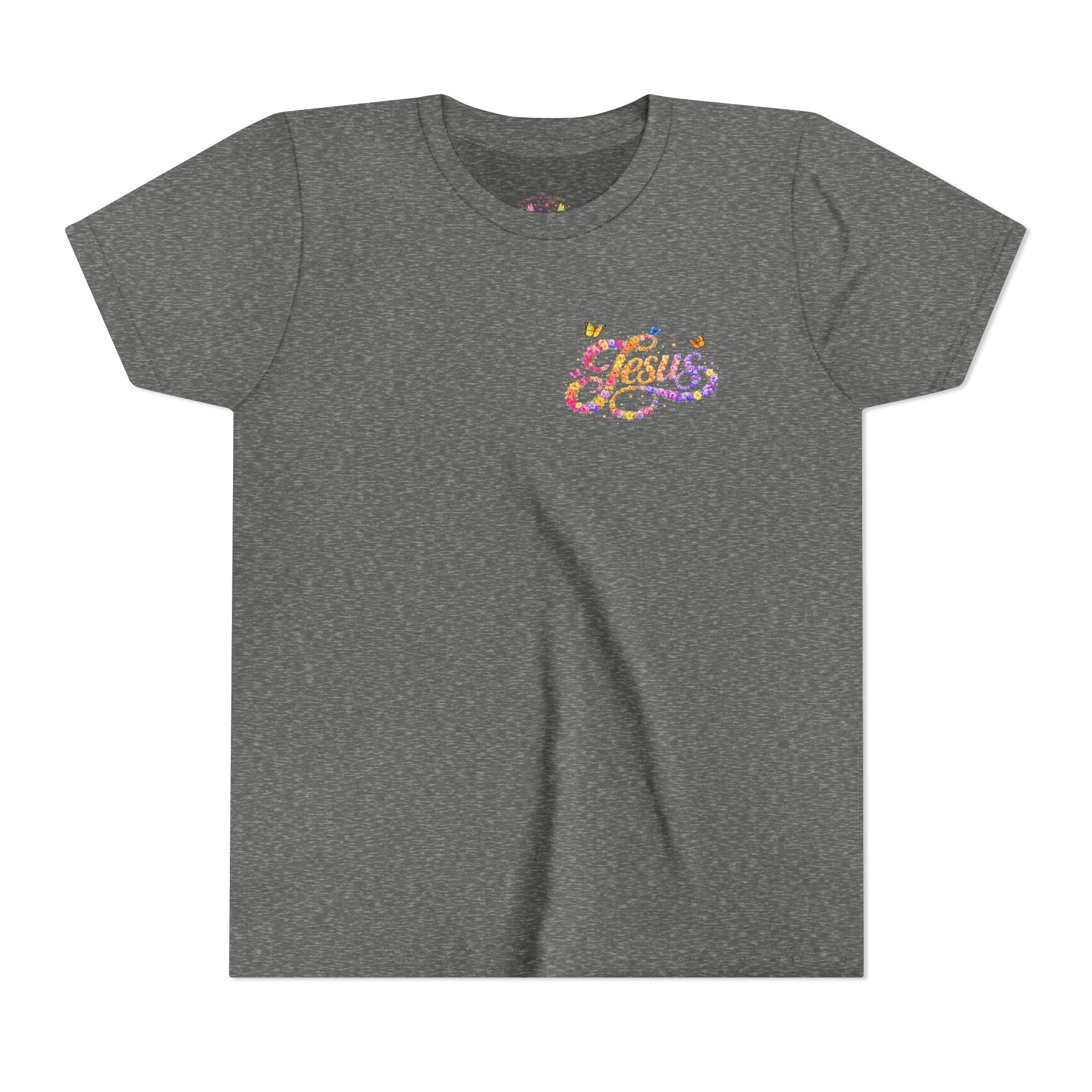 Youth Jesus Floral Script T-Shirt – Butterfly Christian Kids Tee | Faith Youth Shirt