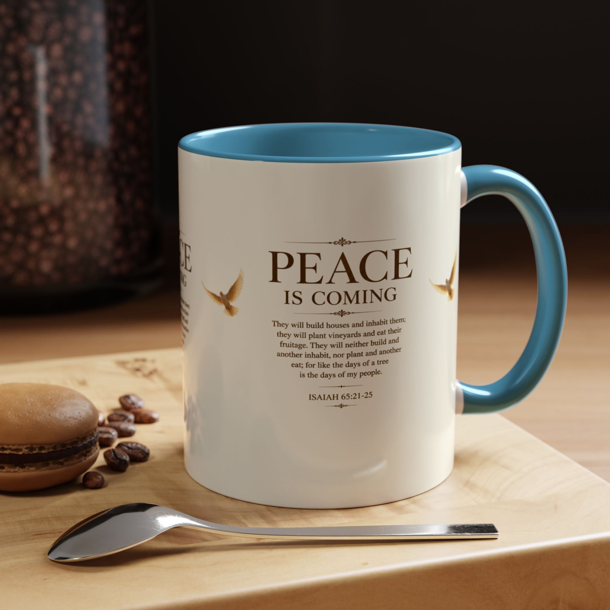 Inspirational Christian accent coffee mug featuring a peaceful dove and Isaiah 65:21-25 scripture with glossy finish and colorful handle and interior.