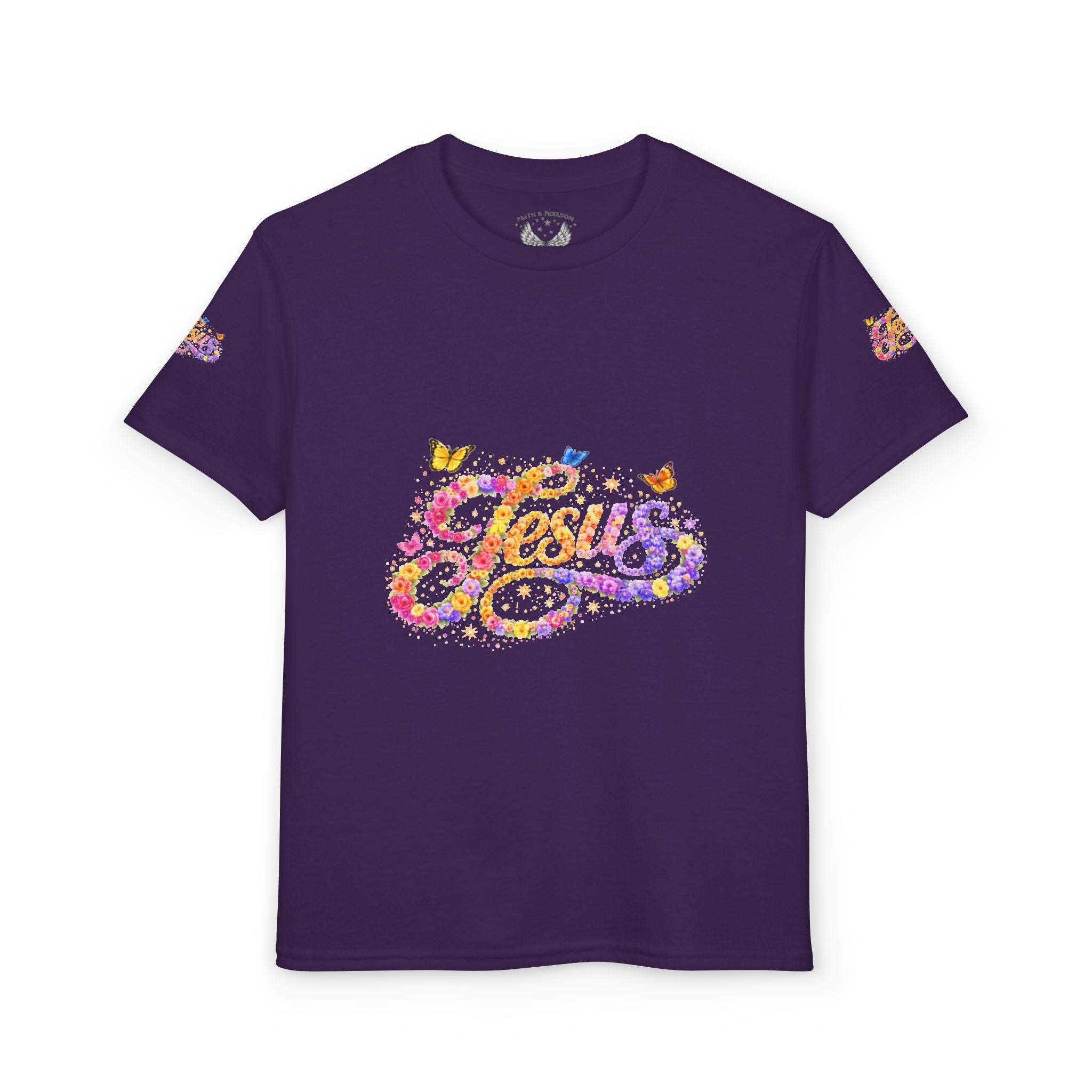 Youth Jesus Floral Butterfly T-Shirt – Christian Kids Faith Tee | Gratitude Sneaker Style Shirt