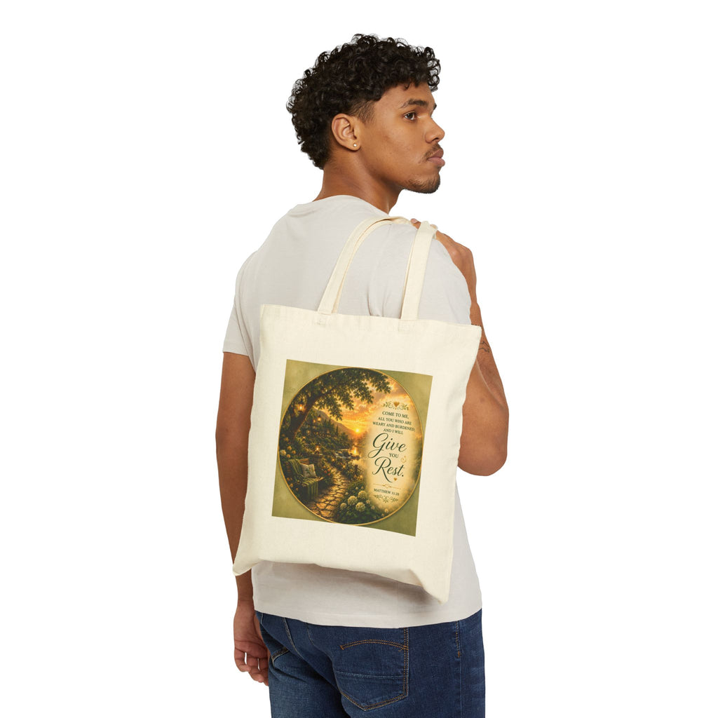 Come to Me and I Will Give You Rest Tote Bag | Matthew 11:28 Christian Canvas Tote