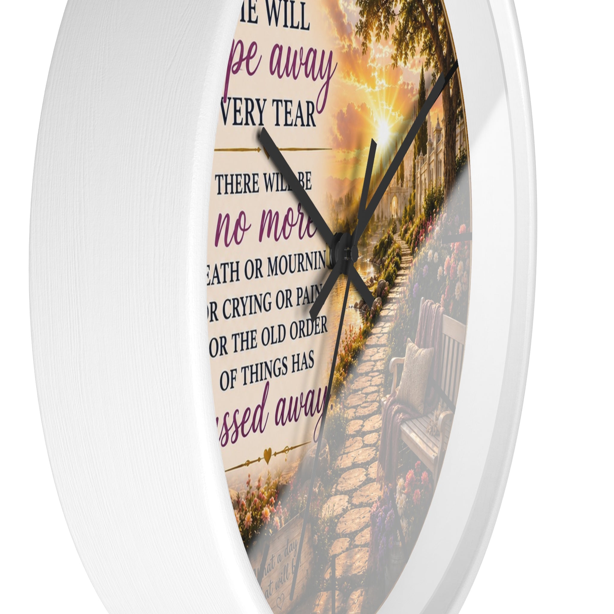 Revelation 21:4 Memorial Garden Wall Clock | Inspirational Christian Scripture Clock | Faith Home Decor