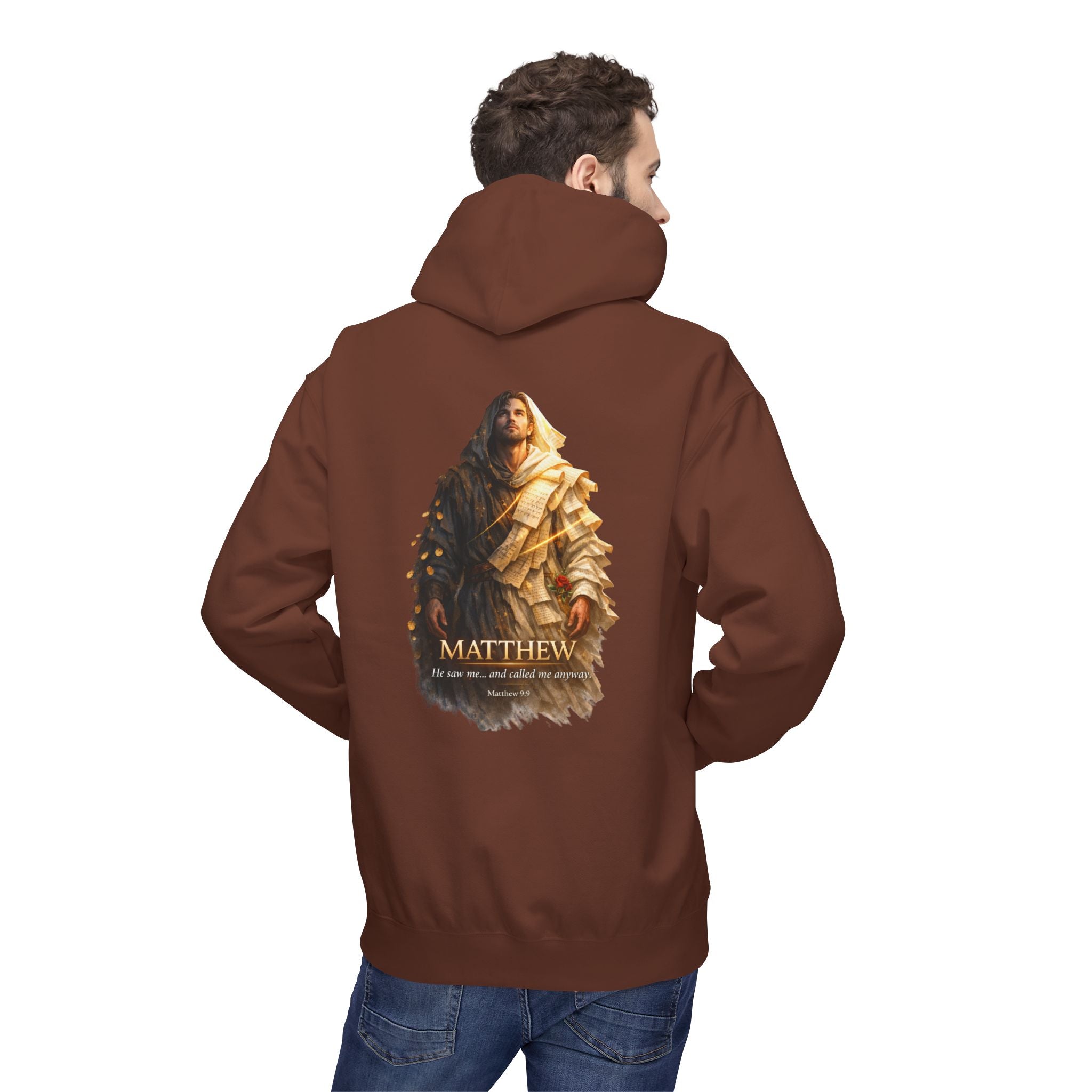 Christian fleece hoodie featuring Matthew Gospel inspired scripture artwork with soft relaxed comfort and quiet faith-centered design.