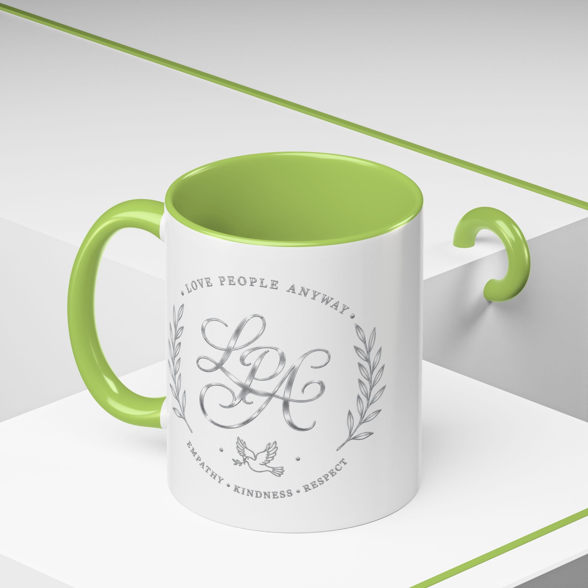 Love People Anyway Silver Accent Coffee Mug | Inspirational Monogram Mug | Faith Freedom Creations