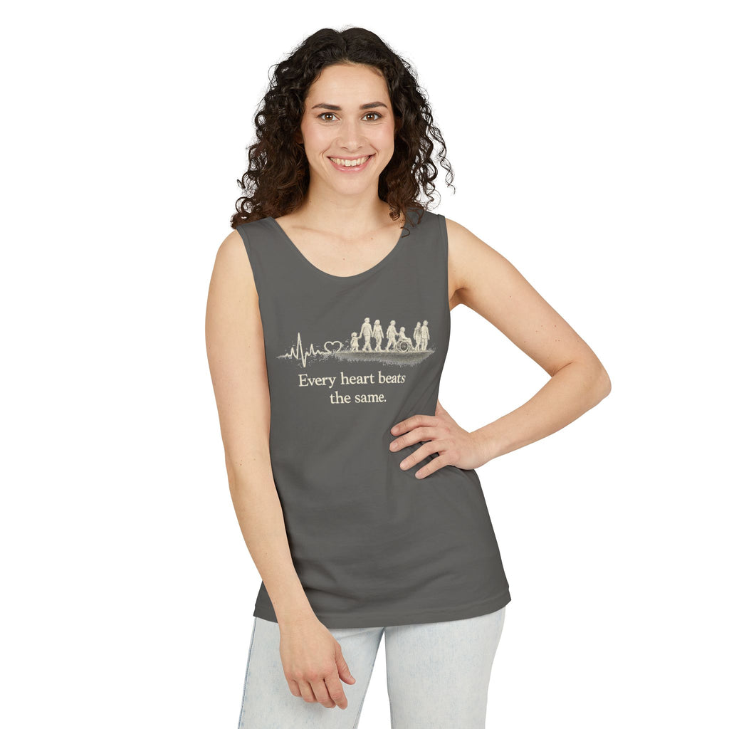 “Every Heart Beats the Same” Vintage Surf Tank Top – Garment-Dyed Coastal Unity Tank