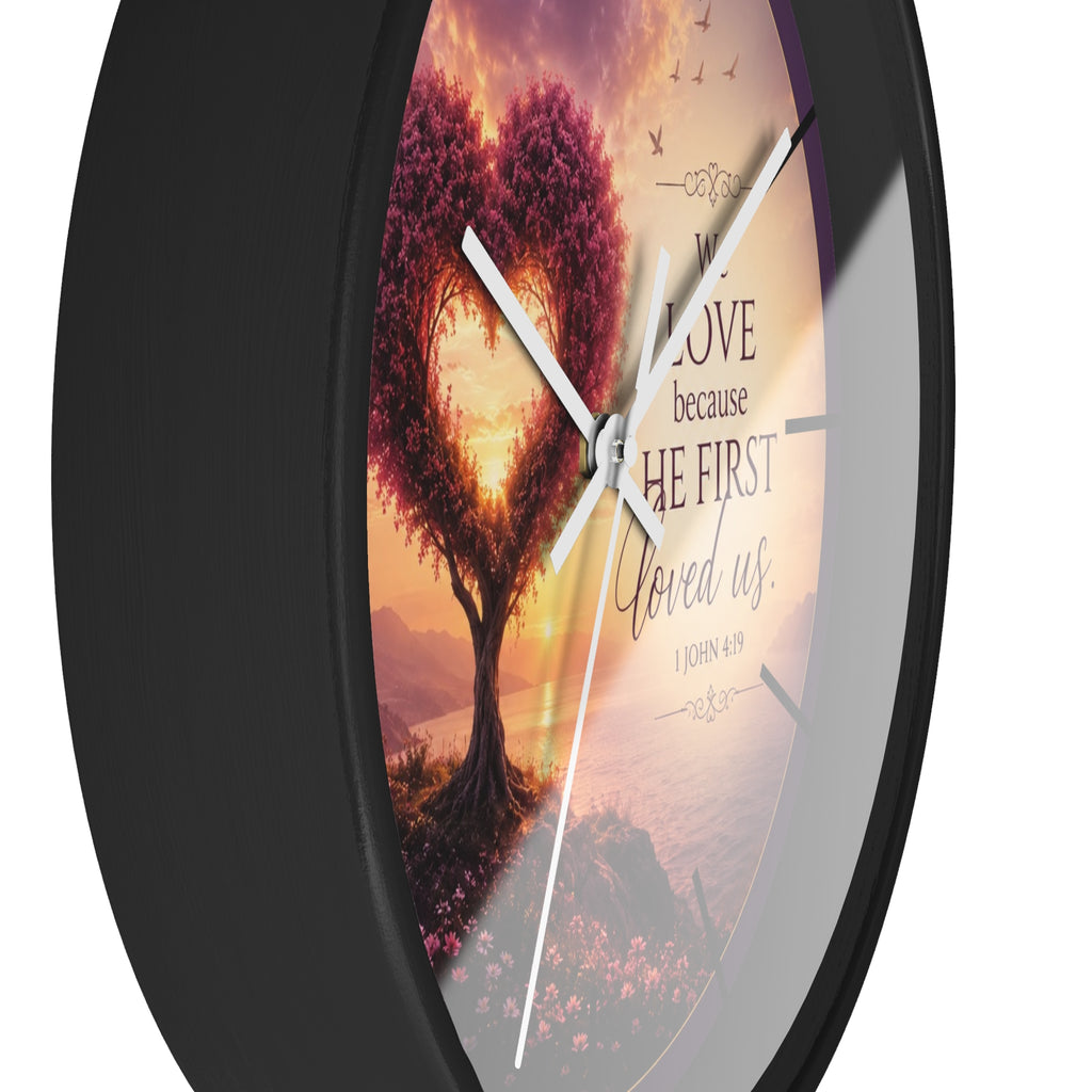 We Love Because He First Loved Us Wall Clock | Christian Heart Tree Decor | 1 John 4:19 Scripture Clock